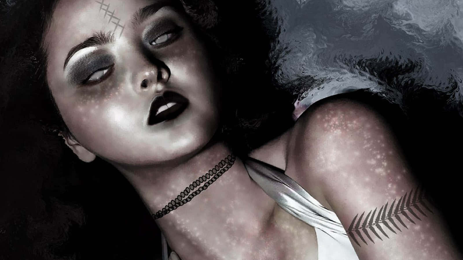 Dark Gothic 桌布 壁紙 — 一位蒼白的女性，化著深色妝容，帶有蕨類紋身，漂浮在渾濁的水中，臉上佈滿縫合的疤痕。