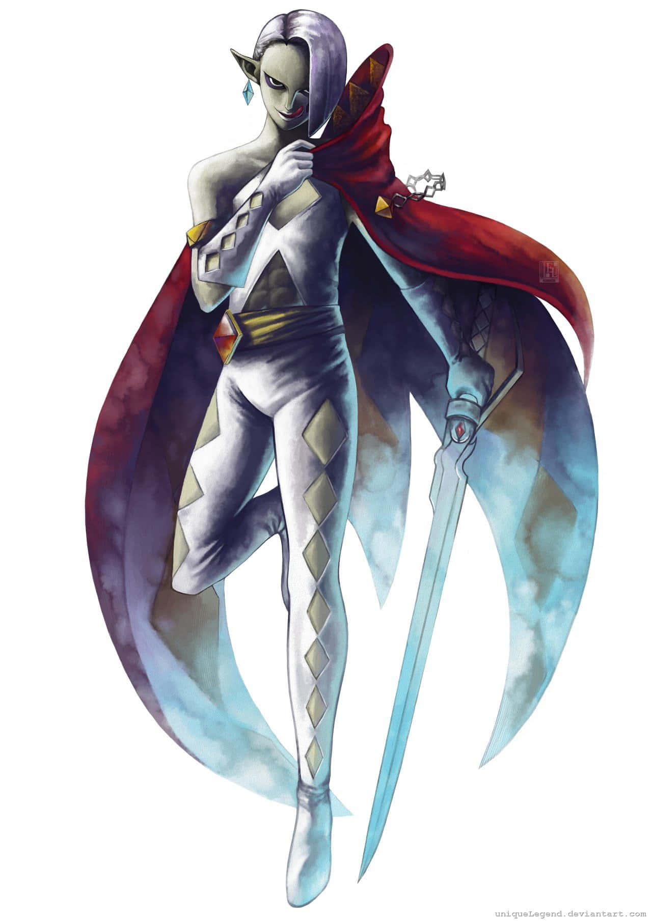 The Legend Of Zelda Ghirahim 桌布 壁紙 — 一位蒼白的精靈戰士，銀色頭髮，紅色披風，手持發光劍，對抗旋轉的藍色和紫色光環。