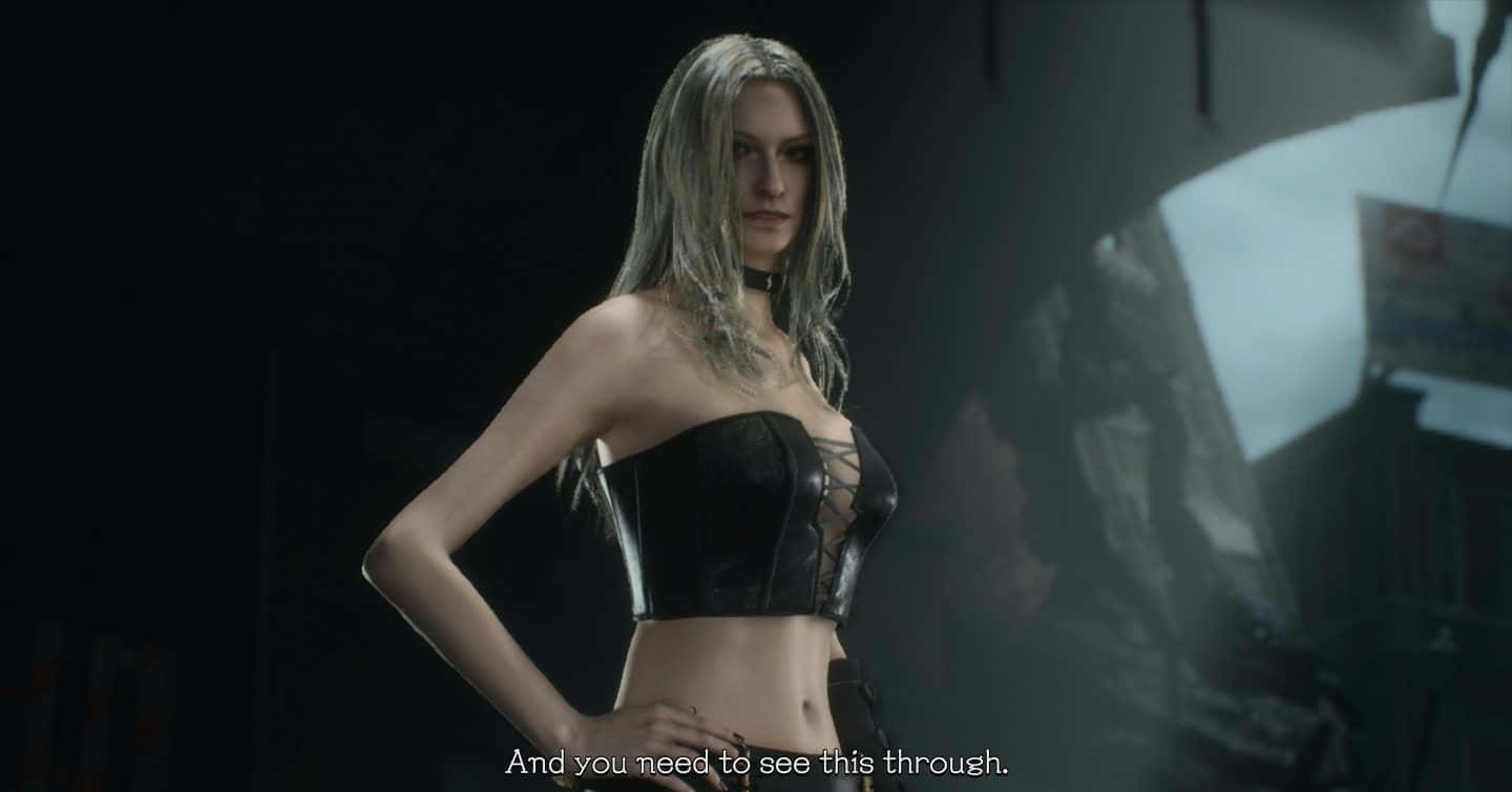 Devil May Cry Characters 桌布 壁紙 — 一位蒼白的銀髮女性自信地穿著黑色緊身胸衣，背景是黑暗、煙霧瀰漫的城市廢墟。