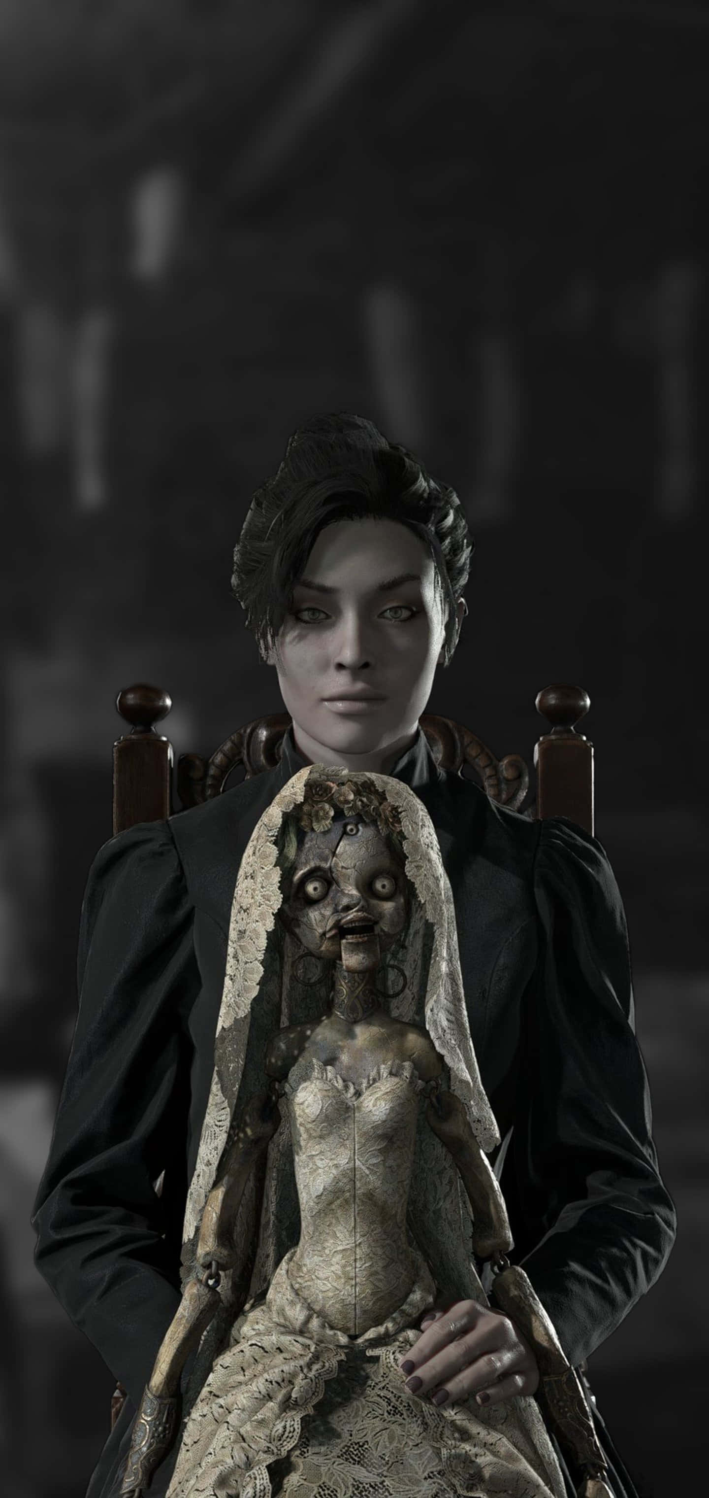 Resident Evil Village 桌布 壁紙 — 一位蒼白的黑衣女子坐在黑暗華麗的椅子上，抱著一個腐朽的婚禮娃娃，背景是模糊的哥德式風格。