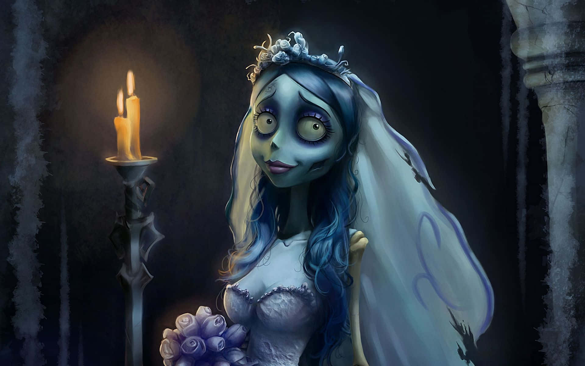 corpse bride 桌布 壁紙 — 一位蒼白藍皮膚的新娘，長髮戴花冠，在哥德式場景中手持花束，旁邊有一根閃爍的蠟燭。