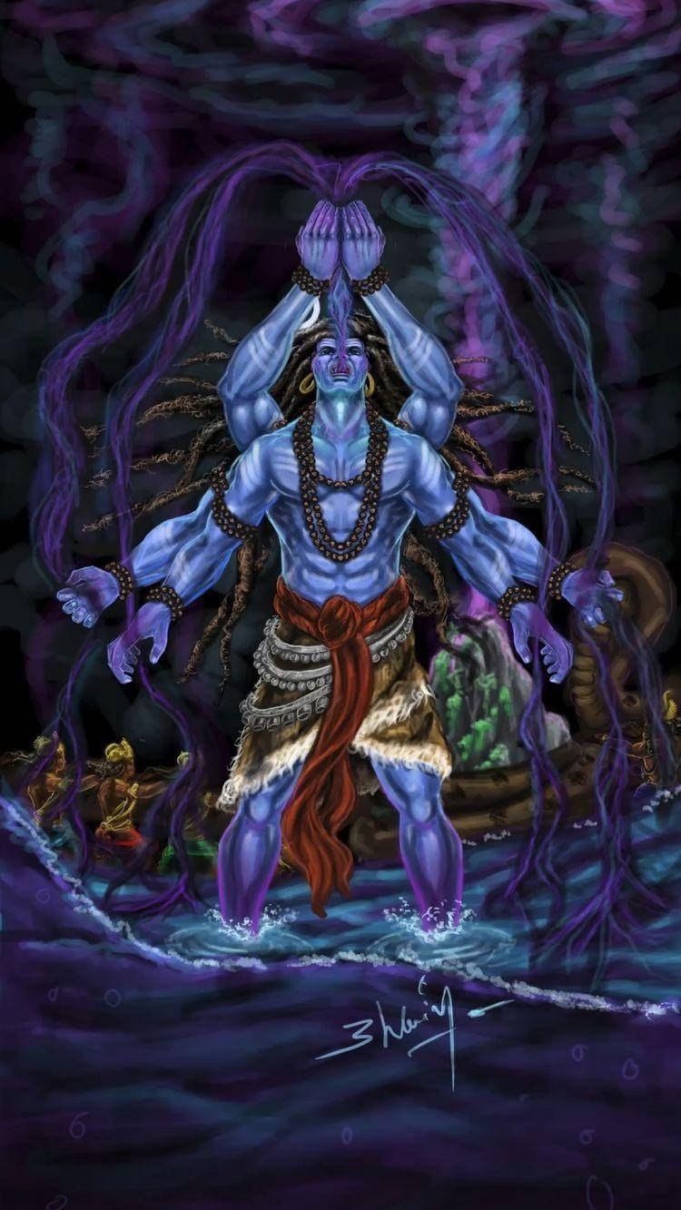 Lord Shiva 桌布 壁紙 — 一位藍皮膚、多臂的神祇，梳著辮子，繫著紅色腰帶，站在水中，雙手在頭頂合十，周圍環繞著旋轉的紫色能量。