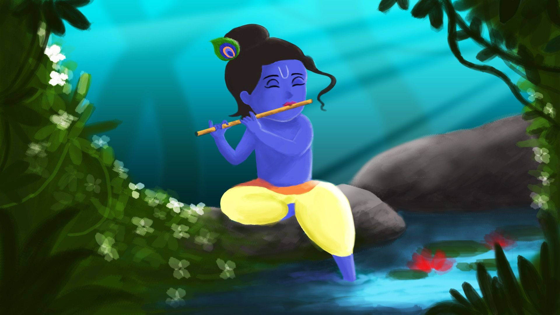 krishna god 桌布 壁紙 — 一位藍皮膚吹笛的神明寧靜地坐在茂密綠色叢林的岩石上，周圍有發光的水和白色花朵。