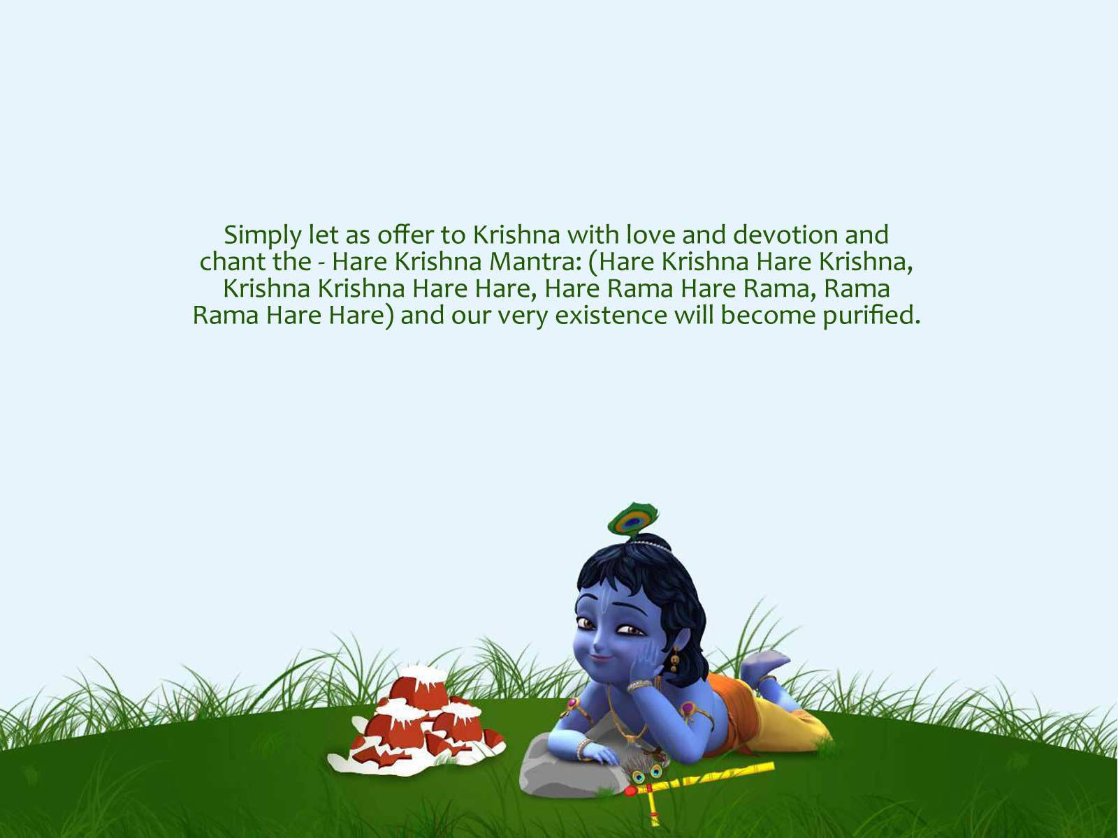 krishna god 桌布 壁紙 — 一位藍皮膚的兒童神祇在草地上休息，旁邊有一個紅白相間的供品，上面有關於唱誦哈瑞·奎師那咒語的文字。
