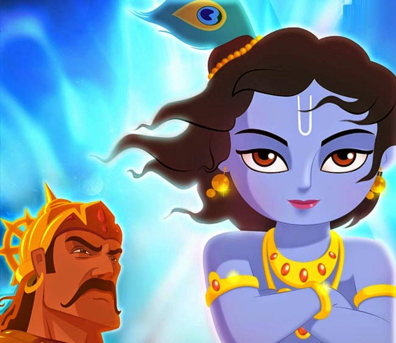krishna god 桌布 壁紙 — 一位藍皮膚的動畫女神，擁有飄逸的深色頭髮和金色珠寶，自信地站在燦爛的藍色能量背景前，而一位留著鬍子的戴冠男子以嚴厲的表情注視著。