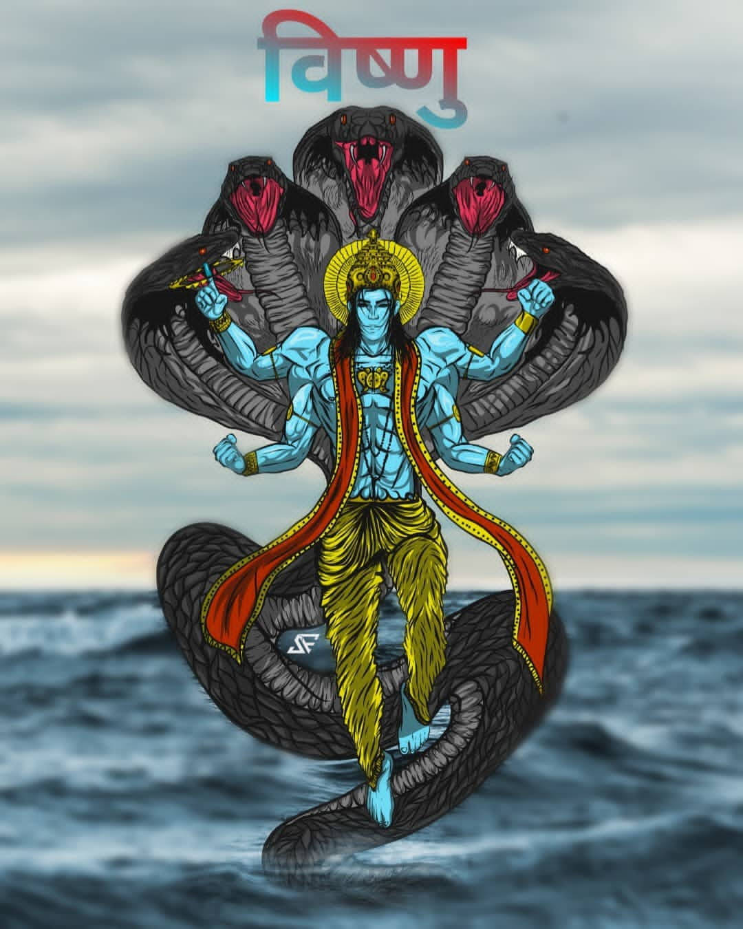Vishnu 桌布 壁紙 — 一位藍皮膚的印度教神祇，有多條手臂，站在暴風雨海洋中一條巨大的黑色多頭蛇之上。
