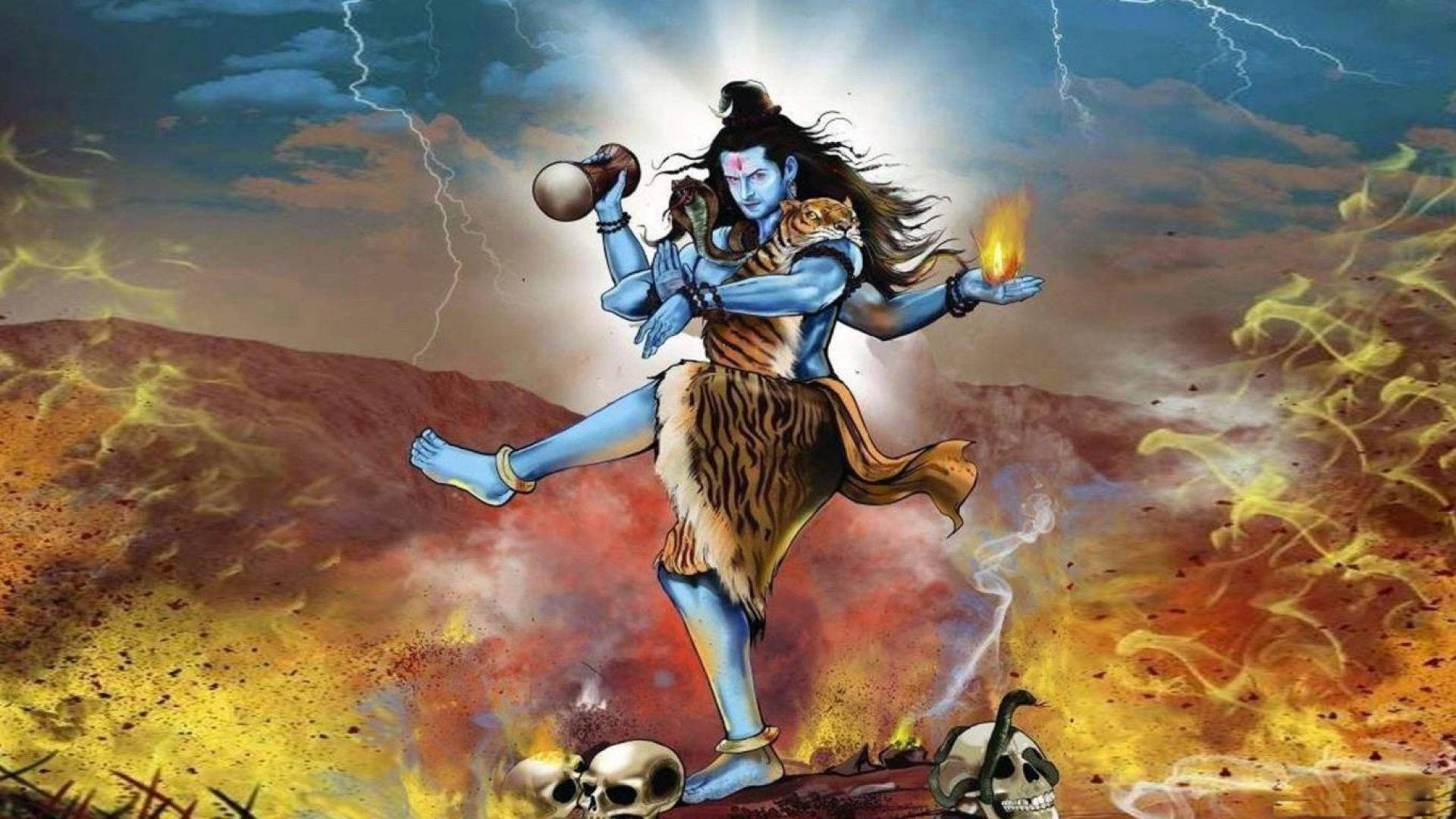 Lord Shiva 桌布 壁紙 — 一位藍皮膚的印度教神祇，有多隻手臂，在火焰和閃電中動態站立，手持鼓和火焰，腳下有頭骨。