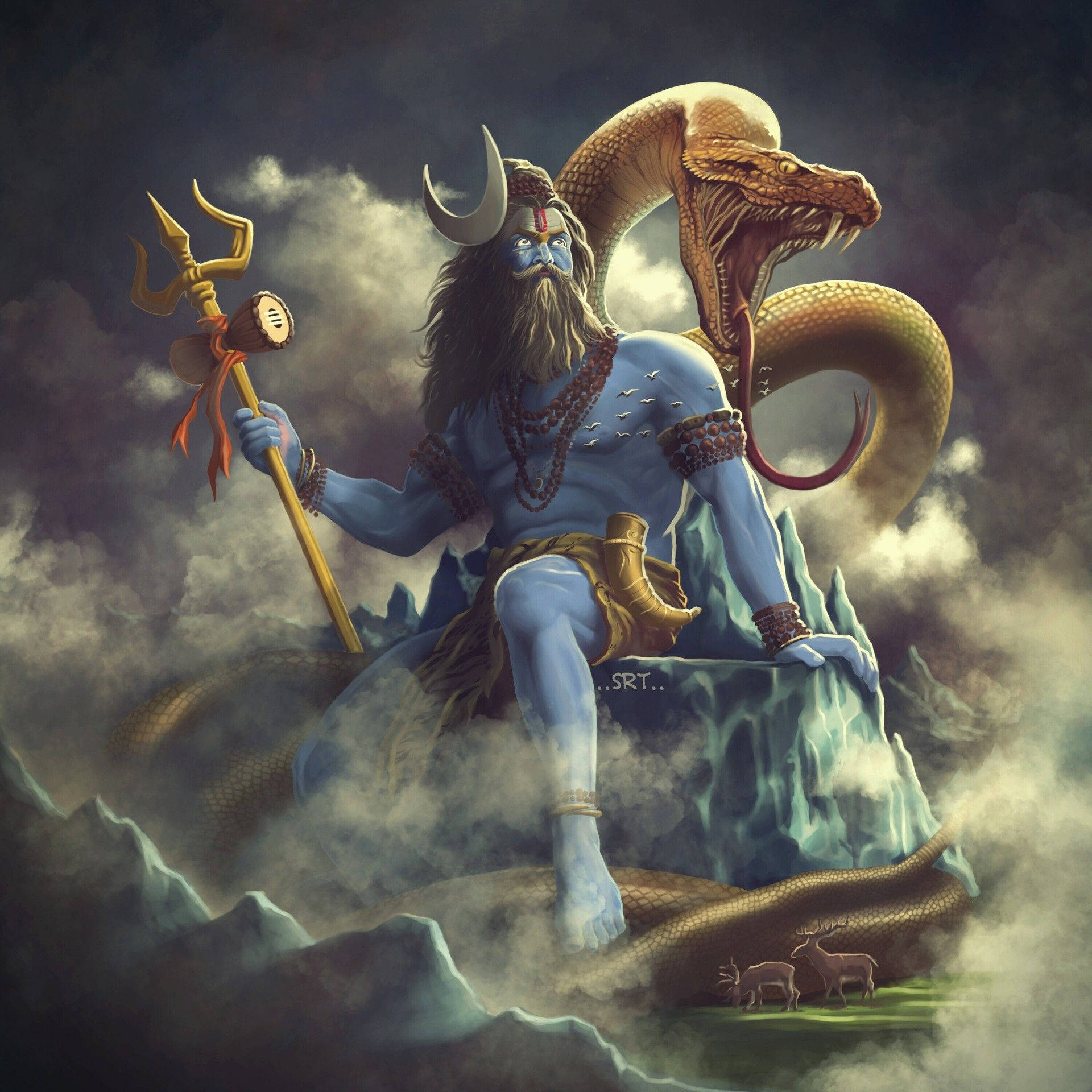bholenath HD 桌布 壁紙 — 一位藍皮膚的印度教神祇，頭戴新月冠冕，手持三叉戟，坐在被巨大金蛇纏繞的山頂上，天空烏雲密佈。