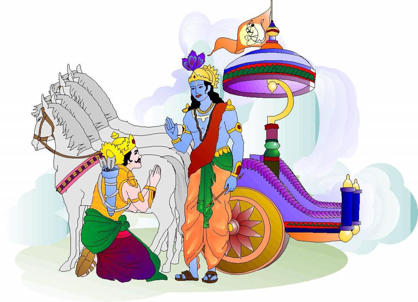 Krishna Arjun 桌布 壁紙 — 一位藍皮膚的神明站在一個跪著的人物旁邊，附近有一輛由白馬拉著的裝飾戰車。