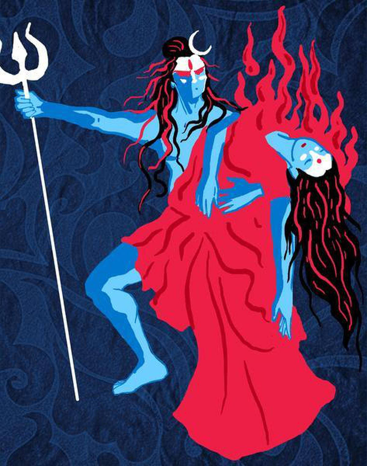 Lord Shiva 桌布 壁紙 — 一位藍皮膚的神祇，頭戴新月冠冕，手持三叉戟，在深藍色圖案背景的熾熱紅色火焰中，抱著一位身穿紅袍的人物。