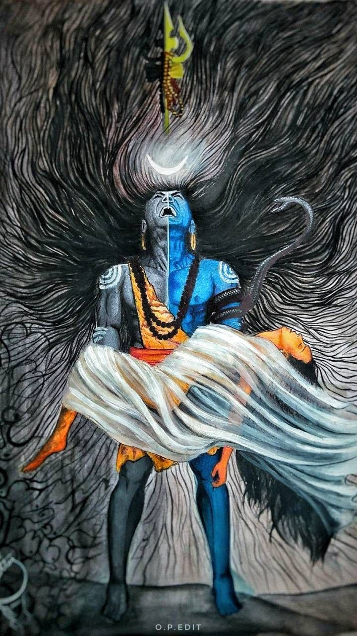 Lord Shiva 桌布 壁紙 — 一位藍皮膚的神祇，飄逸的深色頭髮和月牙冠，在旋轉的黑暗背景中抱著一個披著布的人物。