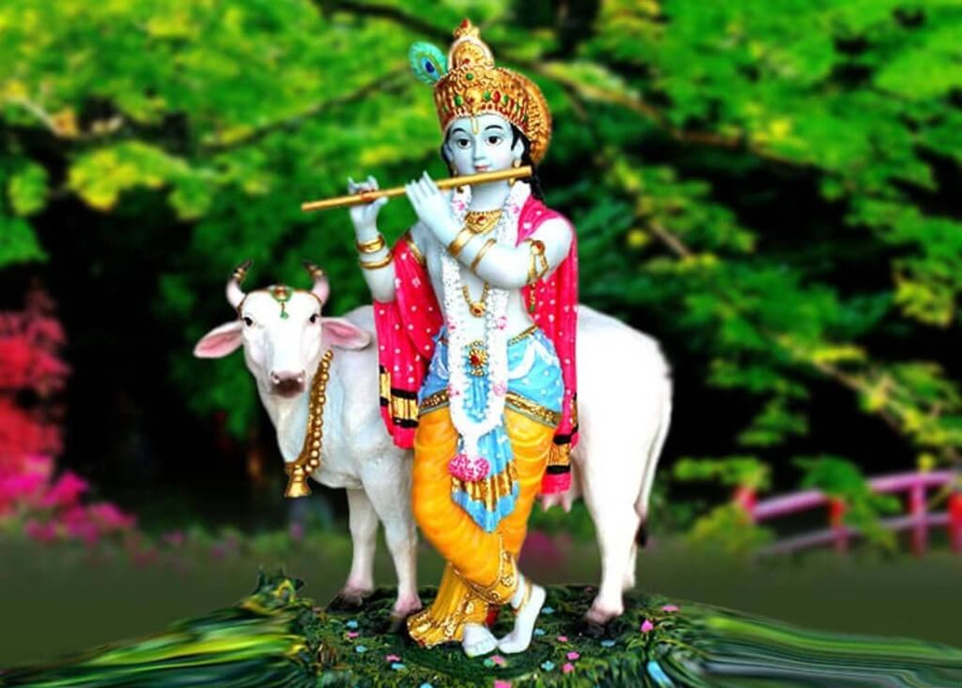 Krishna Arjun 桌布 壁紙 — 一位藍皮膚的神聖人物坐在白牛上，在茂密的綠葉和粉紅花朵中吹奏長笛。