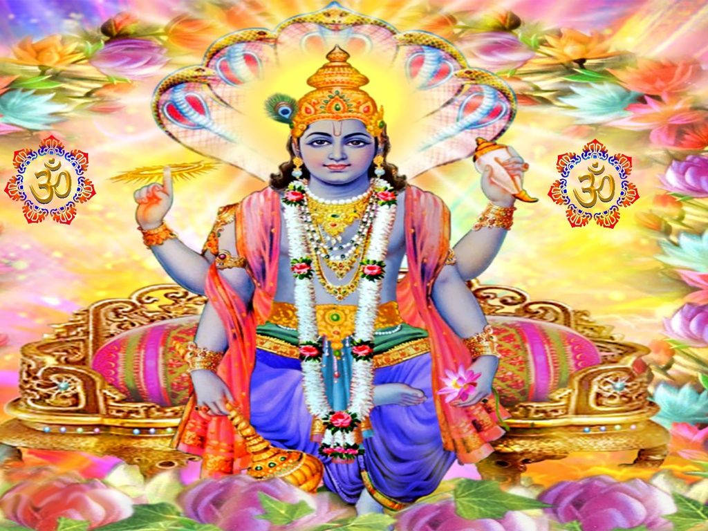 Vishnu 桌布 壁紙 — 一位藍皮膚的神聖印度教神祇莊嚴地坐在金色寶座上，周圍環繞著燦爛的花朵和孔雀羽毛。