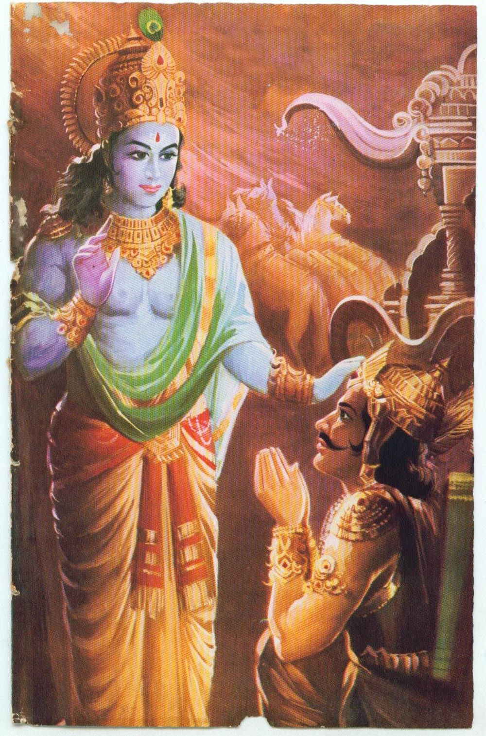 krishna iPhone 桌布 壁紙 — 一位藍皮膚的神聖神祇，戴著華麗的金冠，身穿綠紅長袍，祝福一位留著鬍鬚、身穿金色盔甲的跪地戰士。