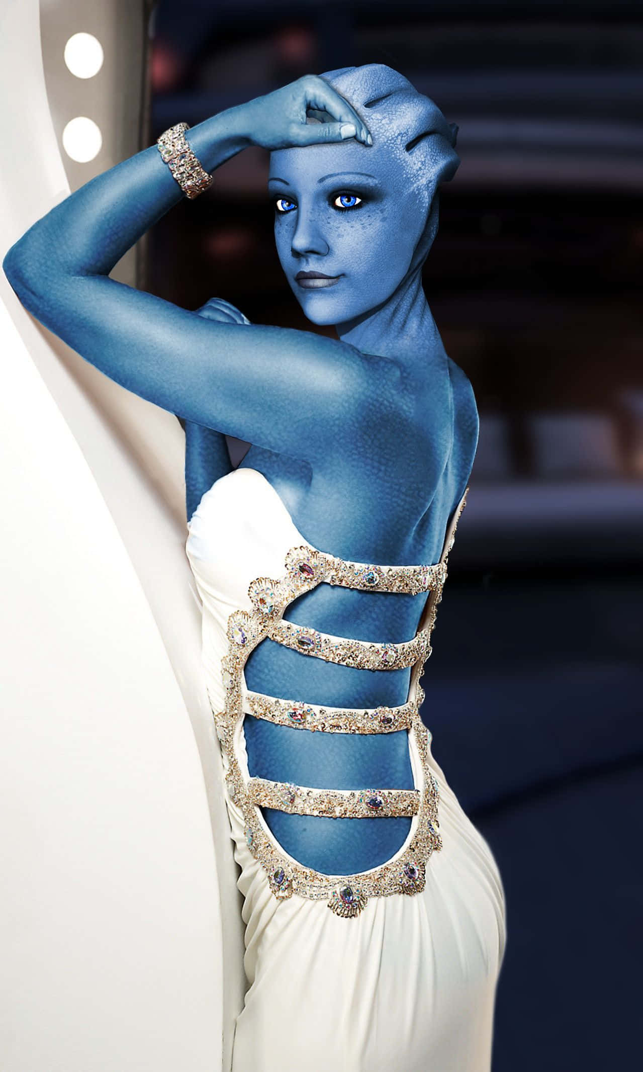 Liara T'soni 桌布 壁紙 — 一位藍皮膚的納美女性穿著白色珠寶禮服，在柔和照明的攝影棚背景下優雅地擺姿勢。