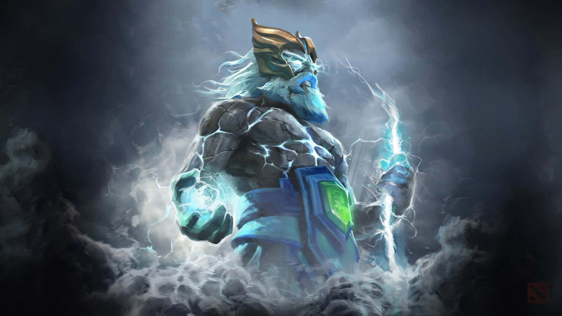 Dota 2 Zeus 桌布 壁紙 — 一位藍皮膚的雷神，在暴風雲中拳頭周圍閃爍著發光的閃電。