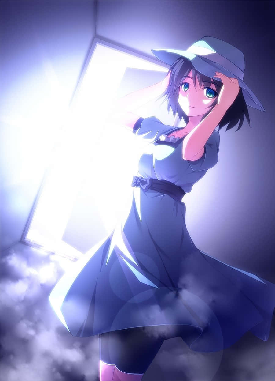 Mayuri Shiina 桌布 壁紙 — 一位藍眼睛的動漫女孩，身穿藍色連衣裙和帽子，站在發光的門口，腳邊有薄霧旋轉。