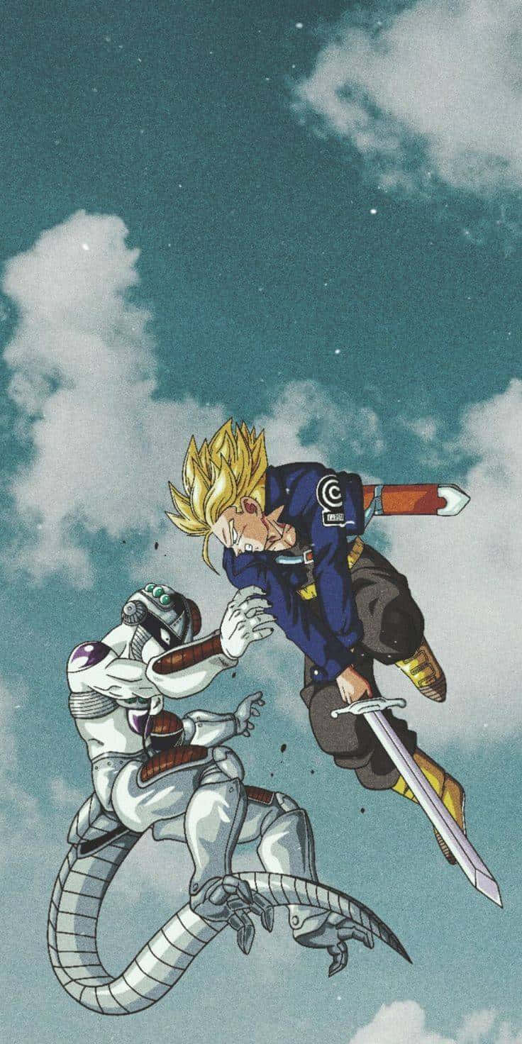 Trunks Vs Frieza 桌布 壁紙 — 一位藍色刺蝟頭的戰士在陰雲密佈的天空中躍入戰鬥，對抗一隻白色裝甲蛇形生物。
