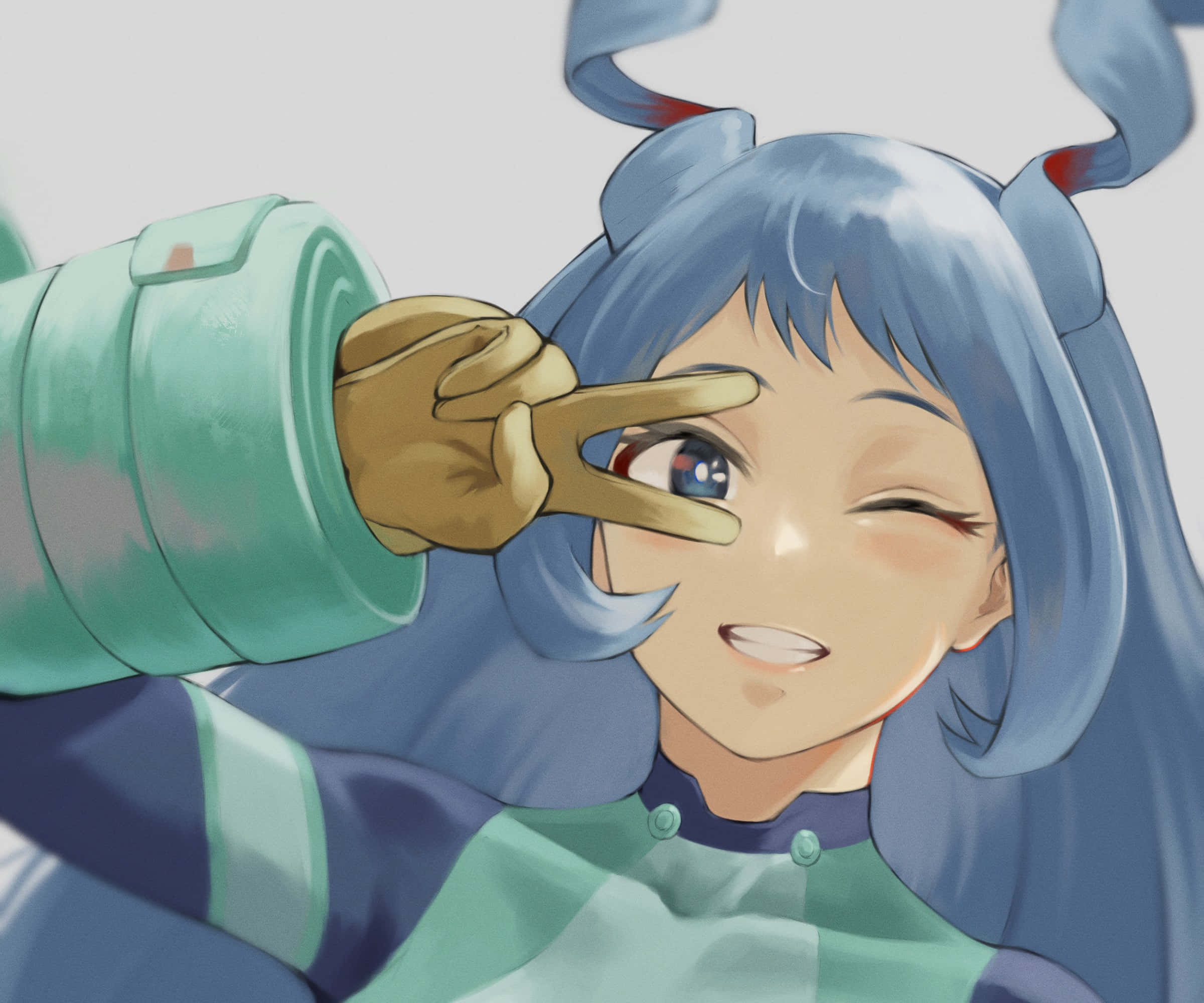 Nejire Hado 桌布 壁紙 — 一位藍色雙馬尾的開朗動畫女孩，戴著手套的手比出和平手勢，同時眨眼。
