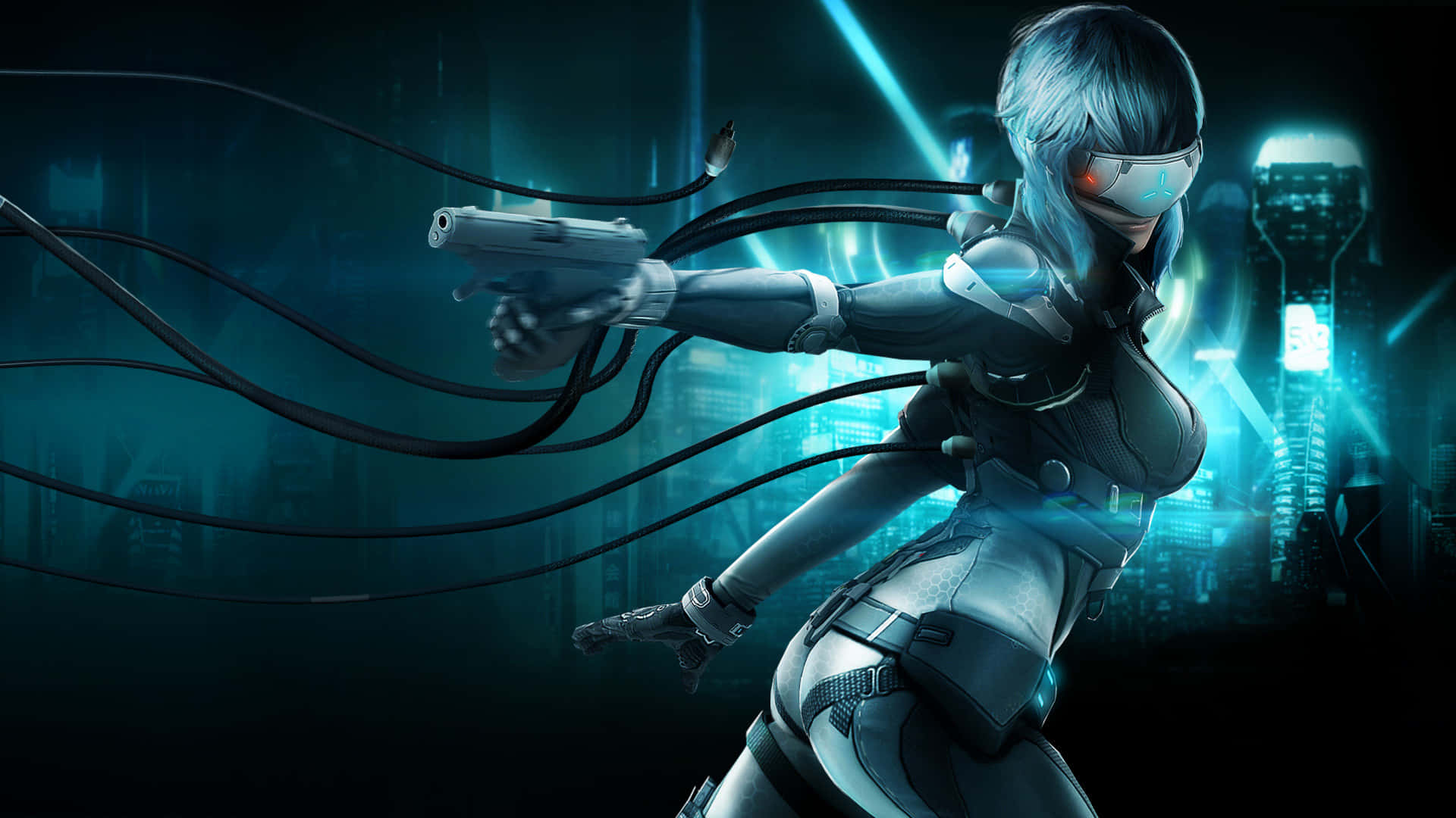 Ghost In The Shell Logicoma 桌布 壁紙 — 一位藍色頭髮、戴著發光護目鏡的賽博龐克動漫女孩，身後拖著電纜，在霓虹燈閃爍的城市景觀中瞄準一把手槍。