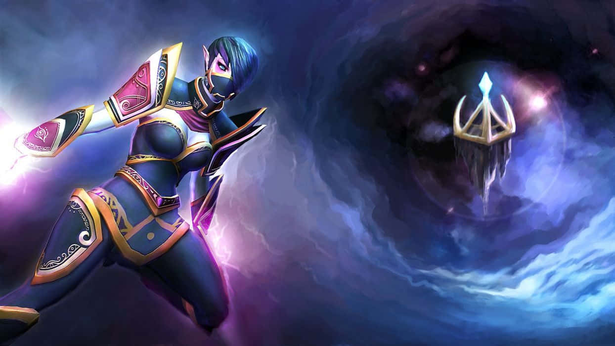 Templar Assassin 桌布 壁紙 — 一位藍髮、身穿華麗盔甲的奇幻戰士，在旋轉的宇宙漩渦前擺出動態姿勢，手持發光的三叉戟。