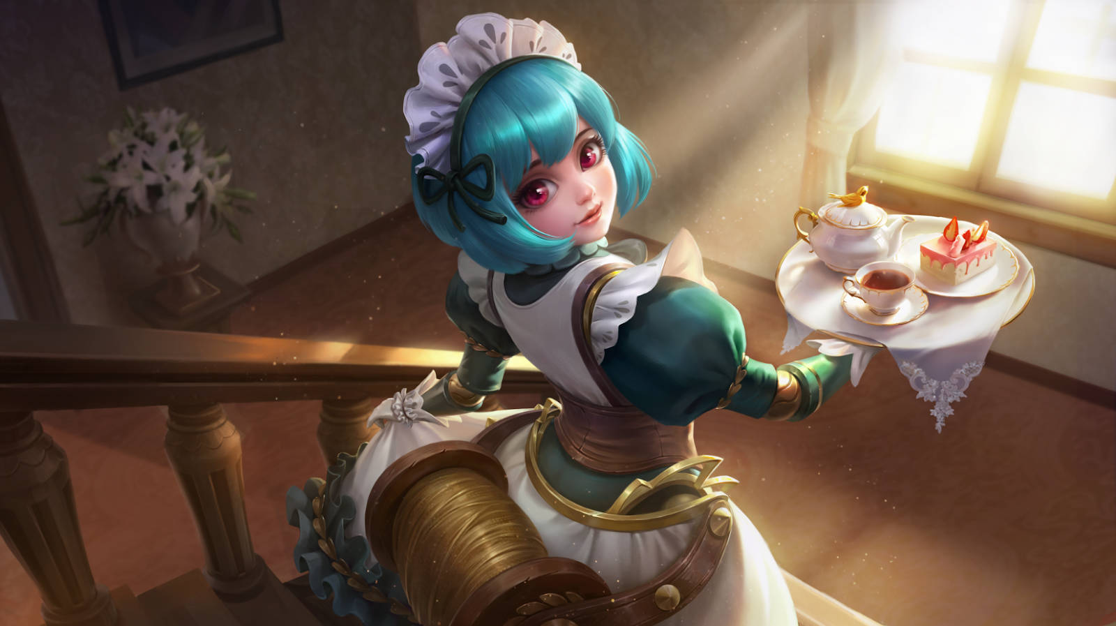 Mobile Legends 桌布 壁紙 — 一位藍髮動漫女僕穿著精緻制服，在陽光灑落的樓梯上提供茶和蛋糕。