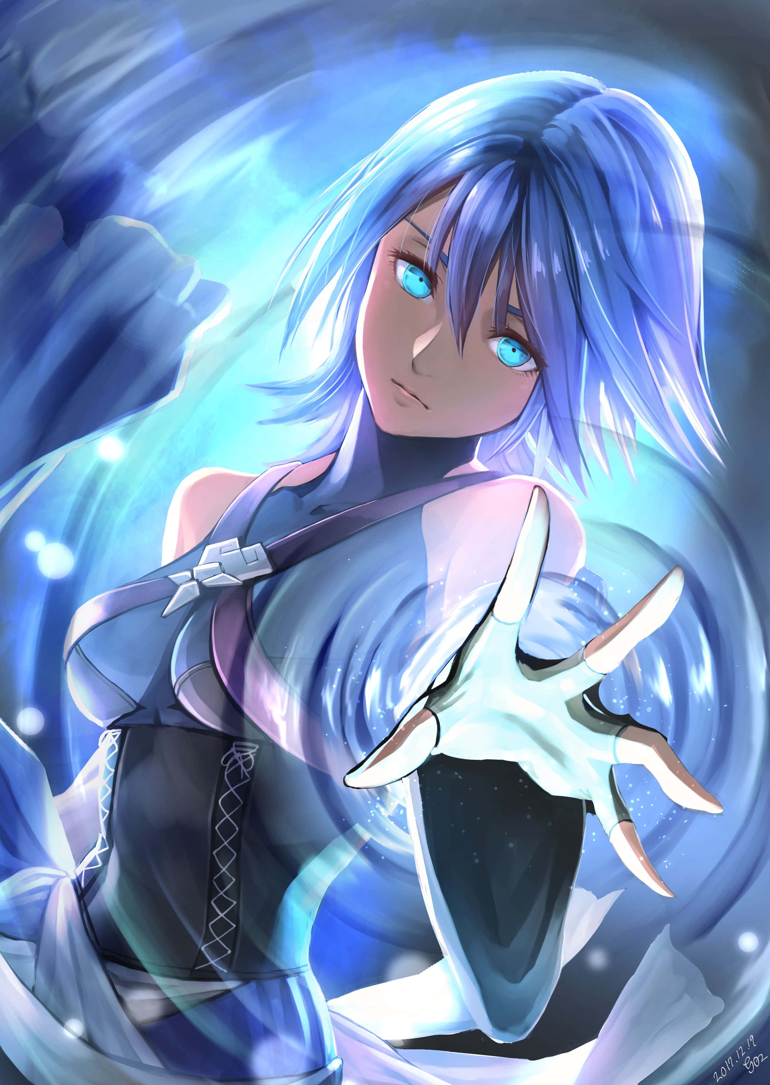 Aqua, a beloved protagonist from the Kingdom Hearts franchise. 壁紙 — 一位藍髮動漫女孩，眼睛發光，伸出手，旋轉的藍色能量在她周圍形成動態姿勢。