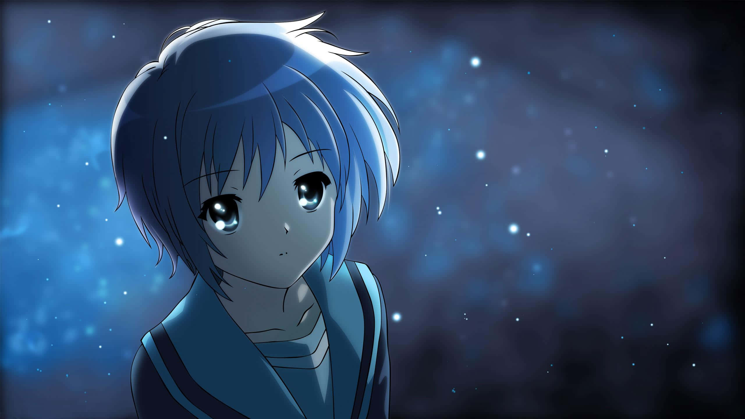 The Melancholy Of Haruhi Suzumiya 桌布 壁紙 — 一位藍髮動漫女孩，雙眼發光，在星光宇宙背景下溫柔凝視。