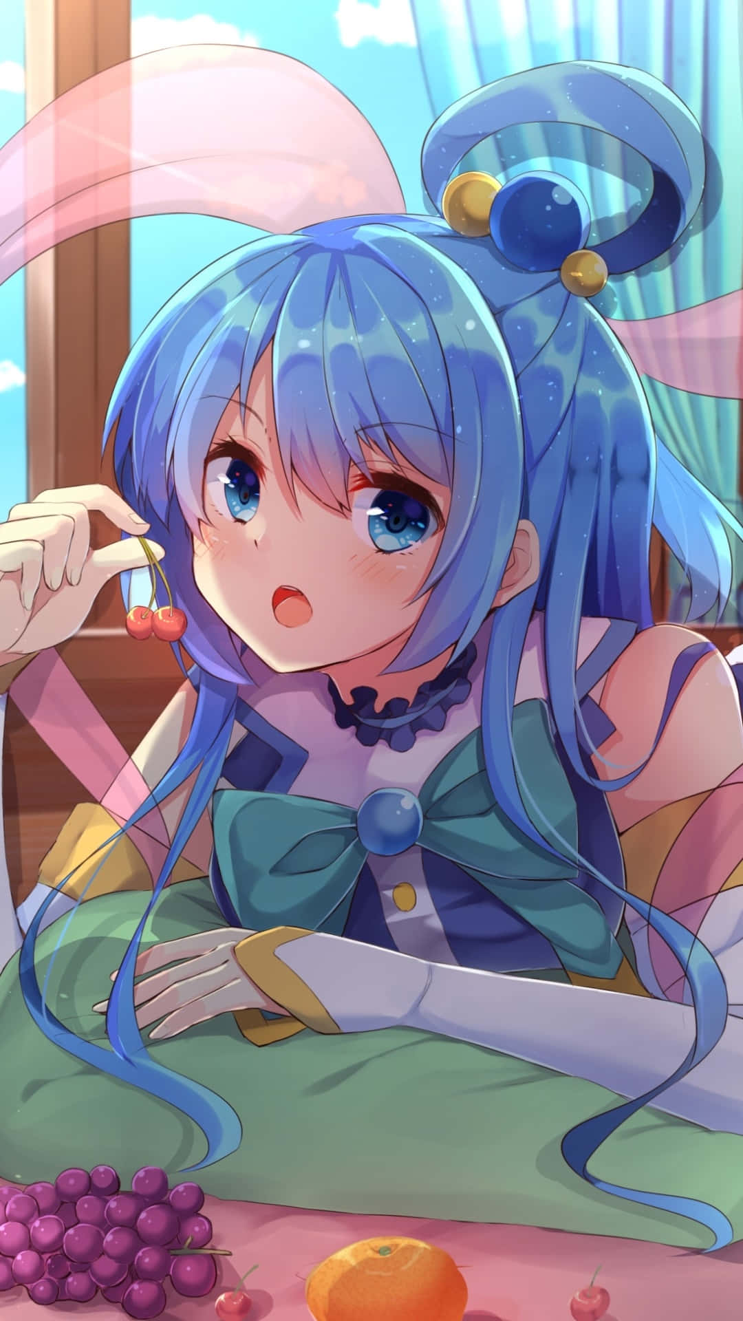 Konosuba God's Blessing On This Wonderful World 桌布 壁紙 — 一位藍髮動漫女孩戴著兔耳，在明亮的窗邊房間裡被水果包圍，手持櫻桃。