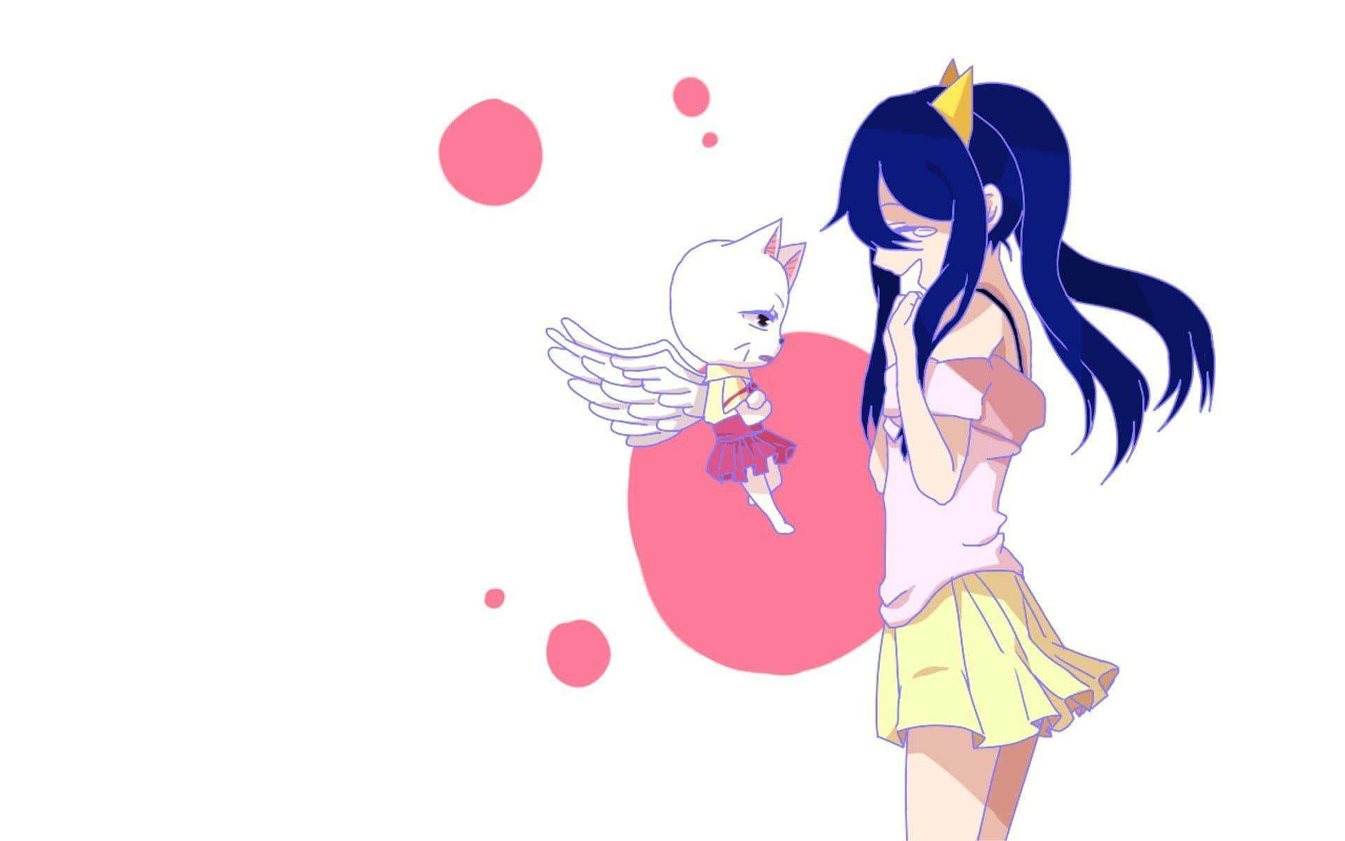 Wendy Marvell 桌布 壁紙 — 一位藍髮動漫女孩戴著黃色皇冠，在柔和的粉紅色泡泡場景中與一隻有翼的小白貓溫柔互動。