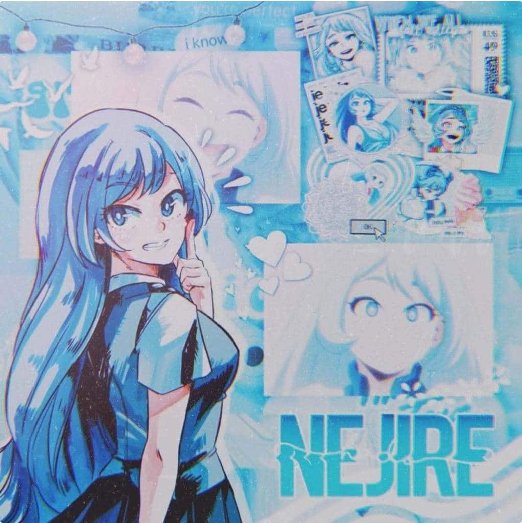 Nejire Hado 桌布 壁紙 — 一位藍髮動漫女孩眨眼並指向觀眾，周圍環繞著她的肖像拼貼畫和漂浮的心形，採用冷色調數位藝術。