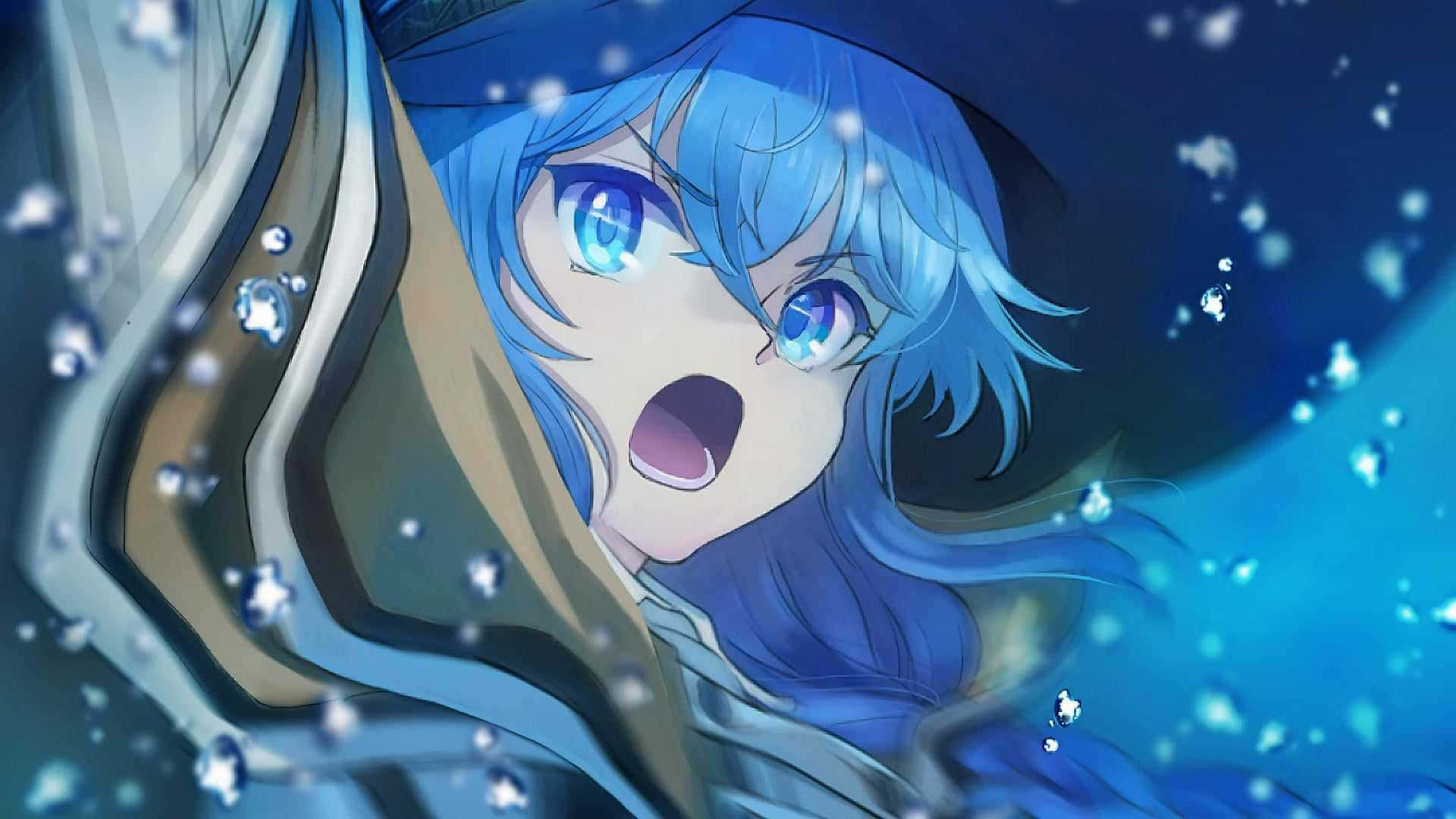 Mushoku Tensei 桌布 壁紙 — 一位藍髮動漫女孩睜大眼睛在水下喘氣，周圍漂浮著氣泡，身處深藍色的海洋中。