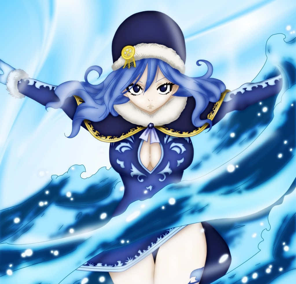 juvia lockser 桌布 壁紙 — 一位藍髮動漫女孩穿著冬季外套，站在旋轉的冰藍色能量和飛舞的雪花之中。