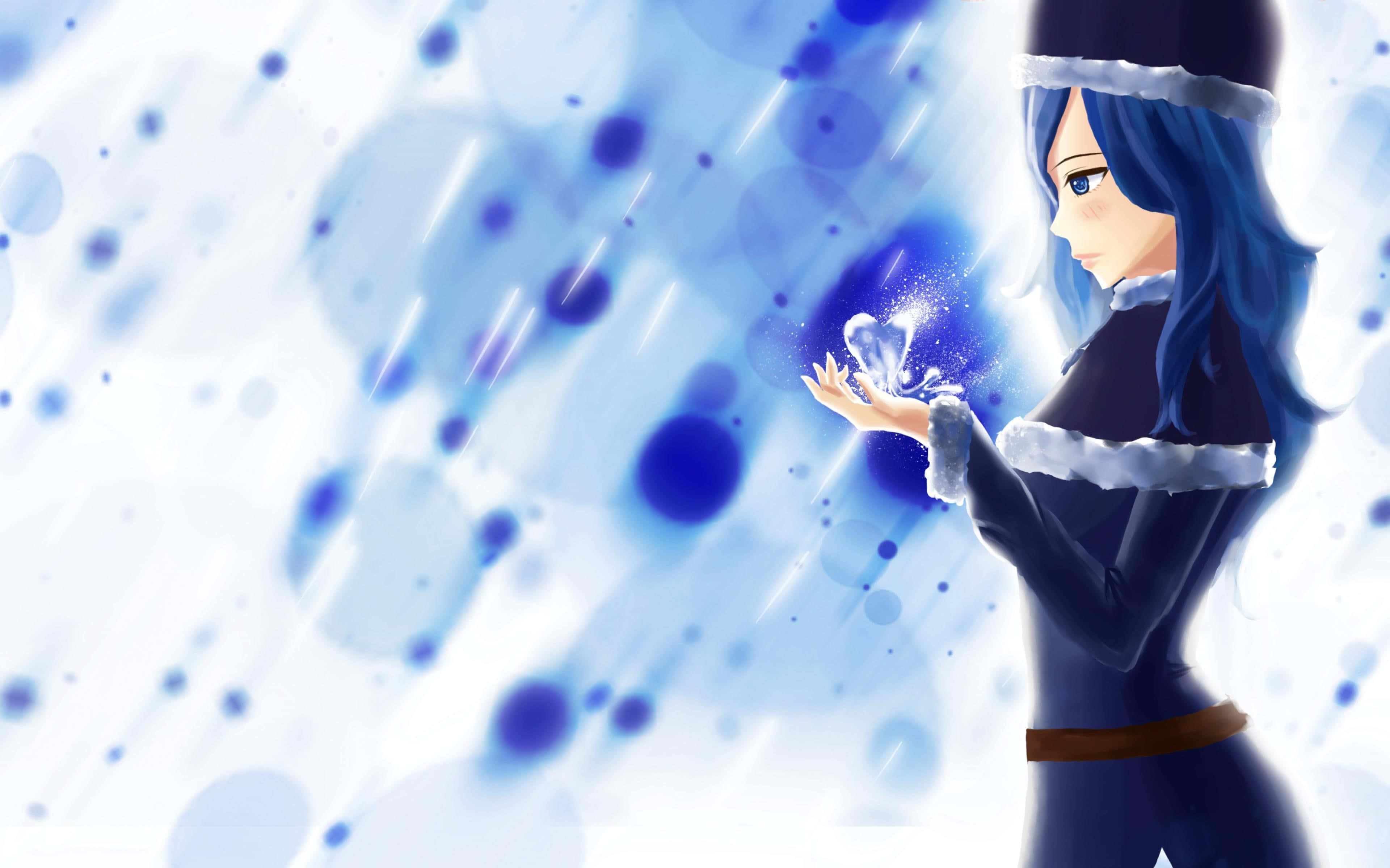 juvia lockser 桌布 壁紙 — 一位藍髮動漫女孩穿著冬季服裝，在閃爍的藍色散景背景前輕輕握著發光的冰晶。