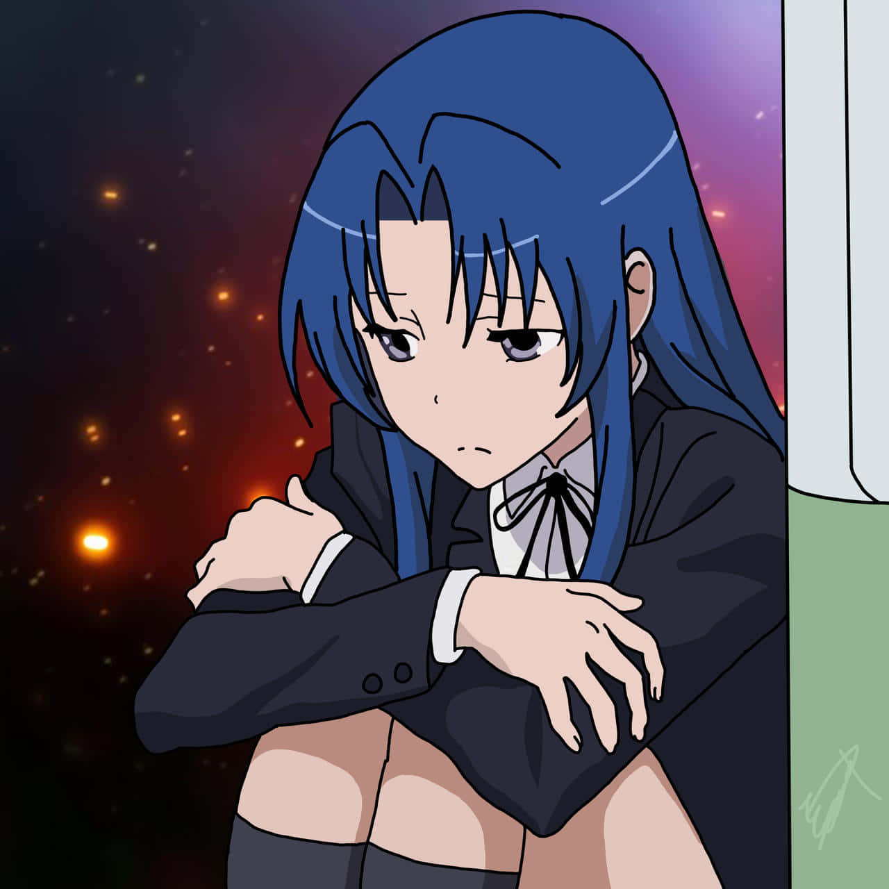 Ami Kawashima 桌布 壁紙 — 一位藍髮動漫女孩穿著校服，在溫暖發光球體的宇宙星空背景下擁抱自己。