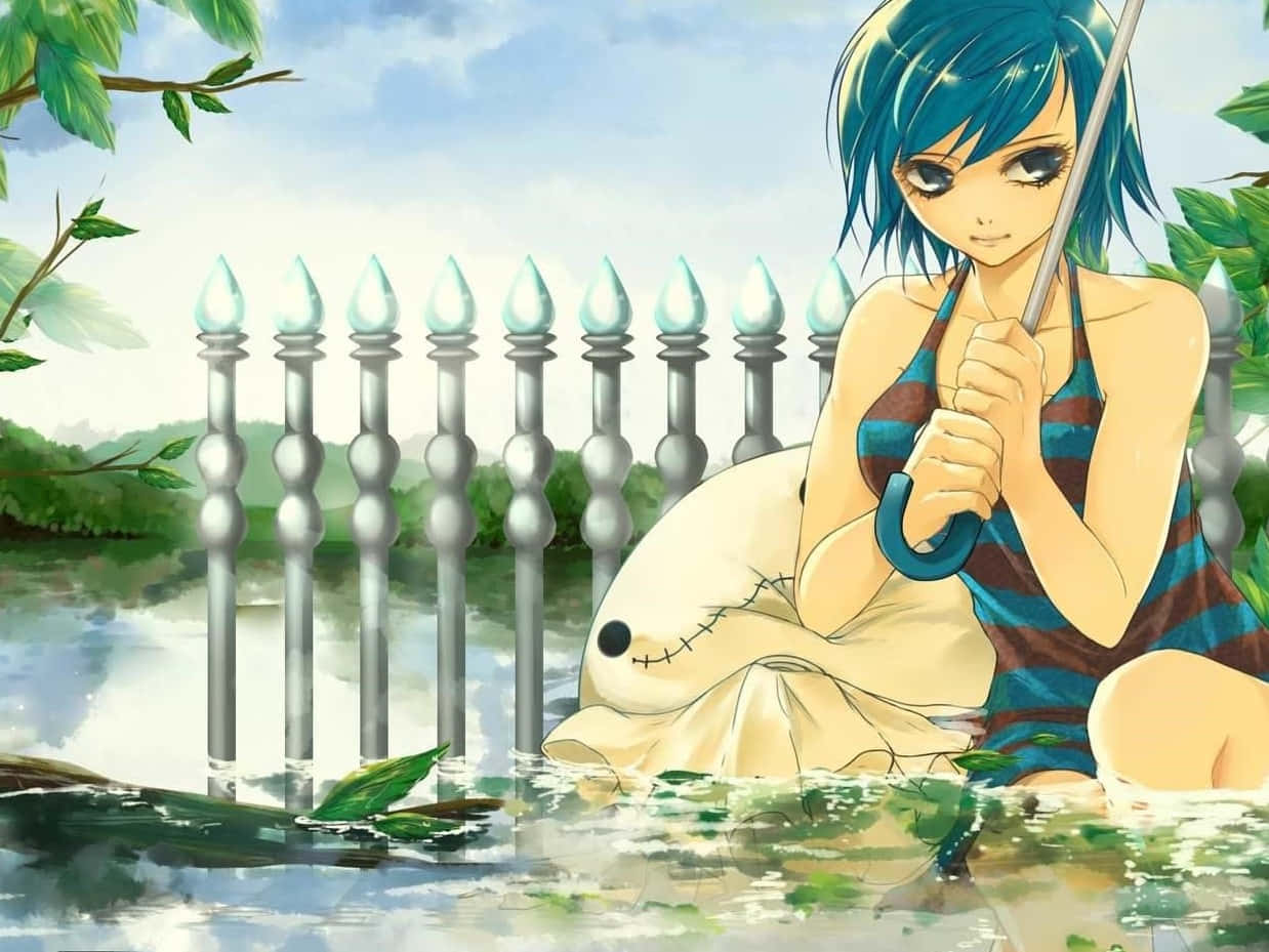 juvia lockser 桌布 壁紙 — 一位藍髮動漫女孩穿著條紋泳衣坐在淺水中，拿著雨傘，旁邊有一個大的縫製毛絨玩具。
