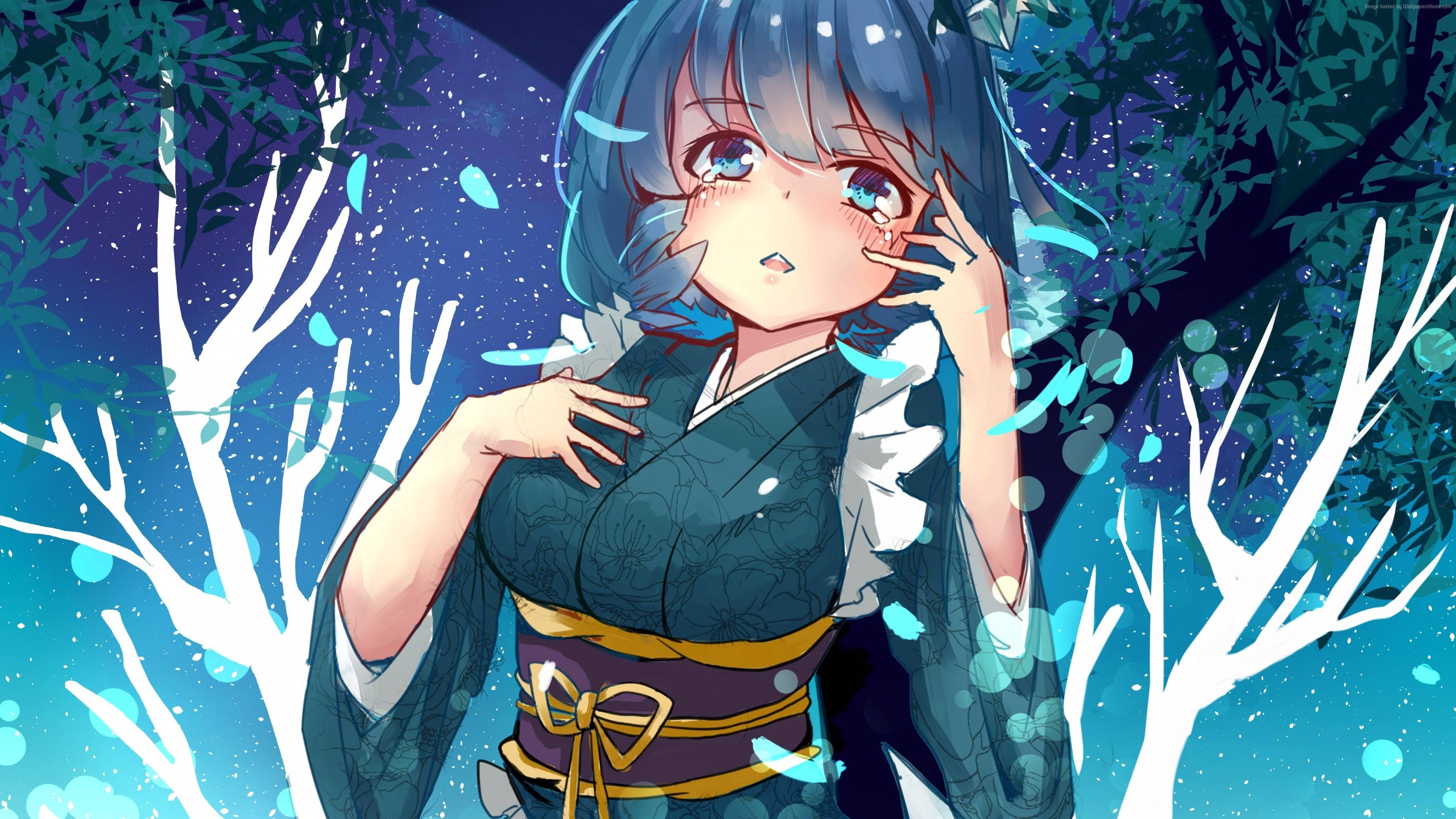 Japanese Anime 桌布 壁紙 — 一位藍髮動漫女孩穿著深色和服，站在發光的樹木之間，星空下飄浮著花瓣。