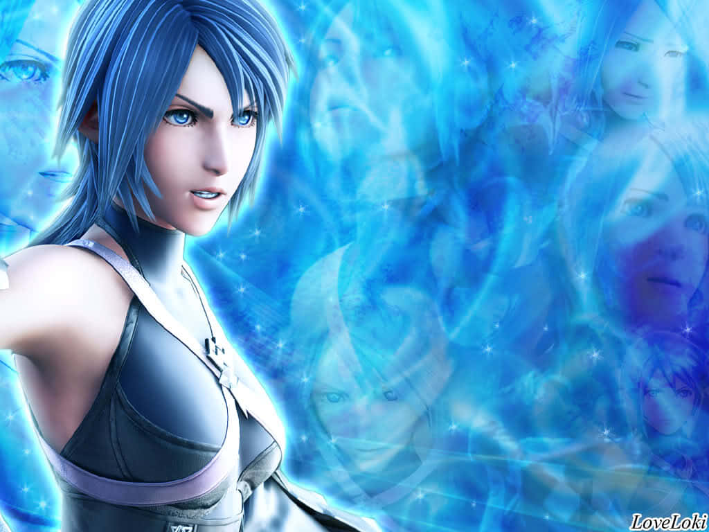 Dive deep into a dystopian fantasy world with Kingdom Hearts Aqua 壁紙 — 一位藍髮動漫女孩穿著深色服裝，站在旋轉的藍色能量場前，身後漂浮著幽靈般的面孔。