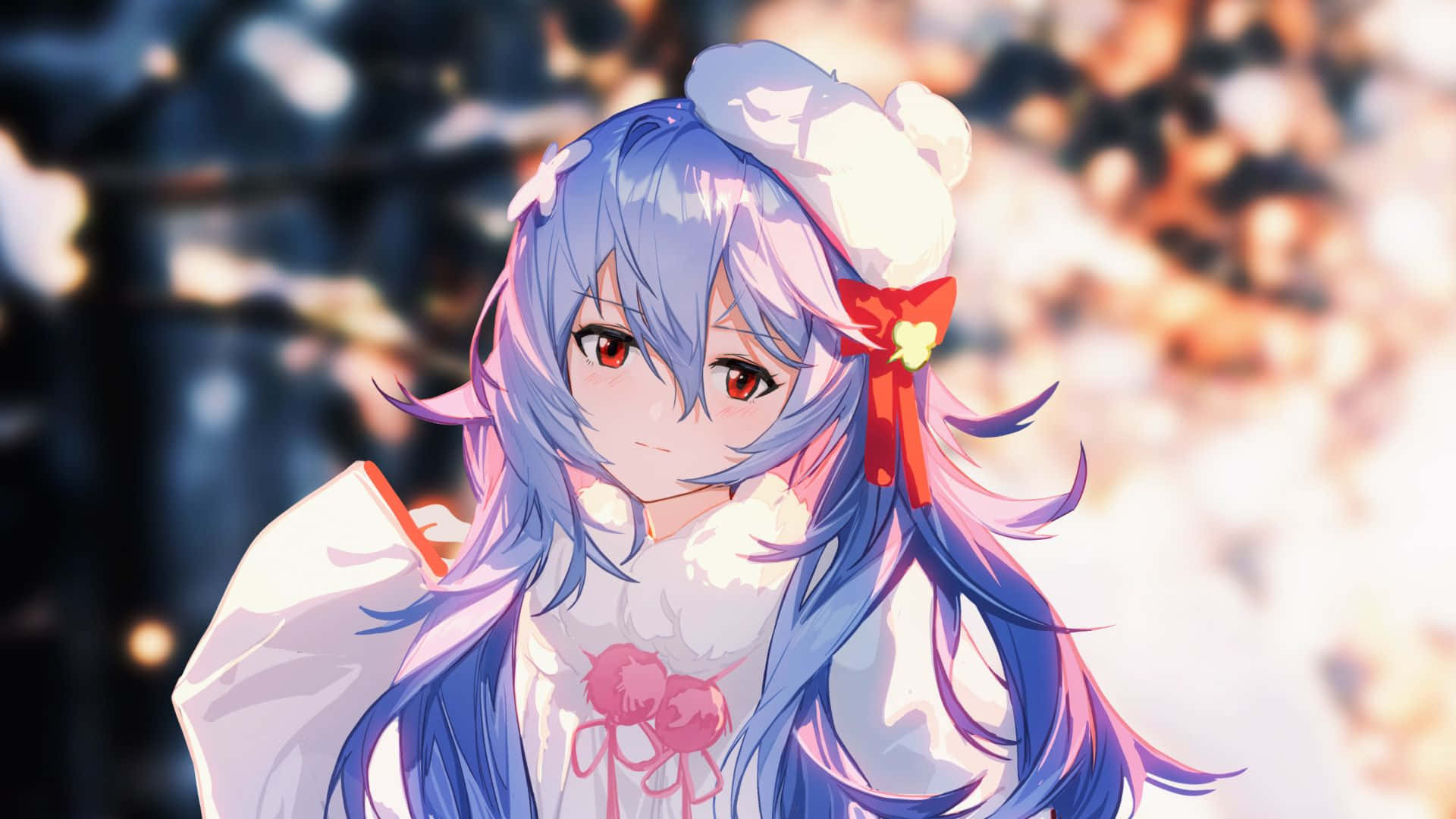 新世紀福音戰士 桌布 壁紙 — 一位藍髮動漫女孩穿著白色廚師服，繫著紅色蝴蝶結，戴著蓬鬆帽子，在模糊的暖色背景前溫柔地凝視。