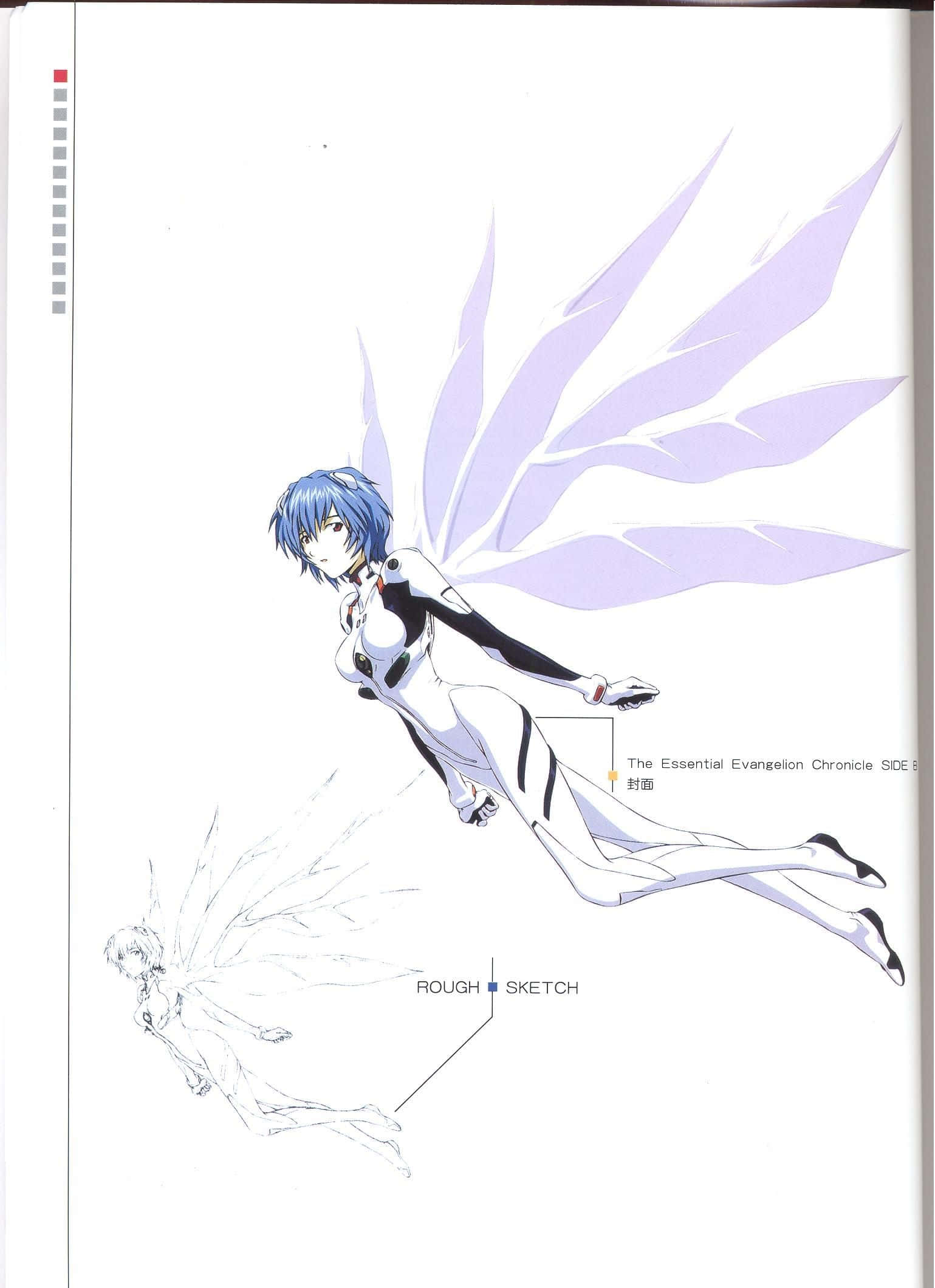 rei ayanami 桌布 壁紙 — 一位藍髮動漫女孩穿著黑白套裝，帶著薰衣草翅膀，漂浮在白色頁面上的粗略草圖旁邊。