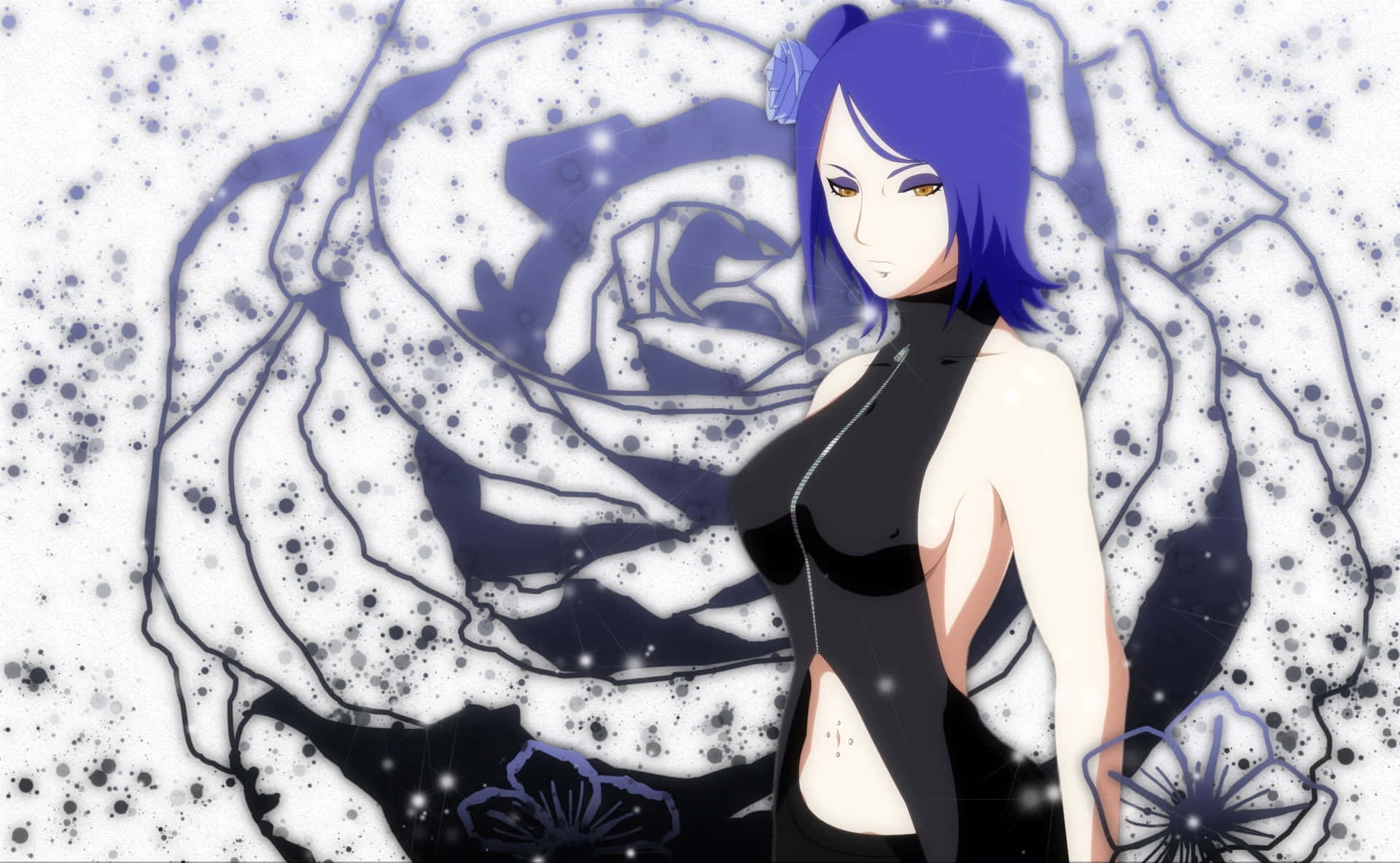 Konan 桌布 壁紙 — 一位藍髮動漫女孩穿著黑色服裝，站在一朵帶有閃爍粒子的大型風格化玫瑰前。