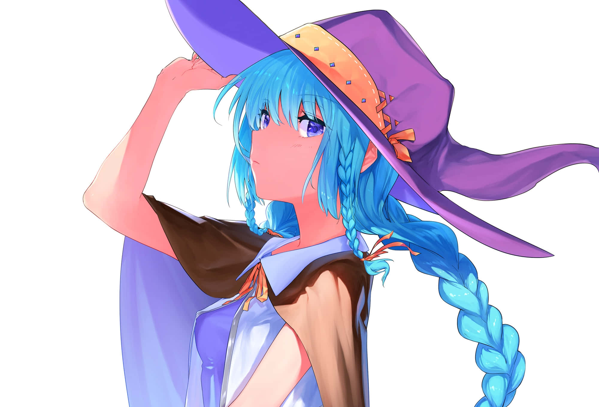 Mushoku Tensei 桌布 壁紙 — 一位藍髮動漫女巫，戴著紫色帽子和斗篷，在純白背景前微笑著調整帽子。