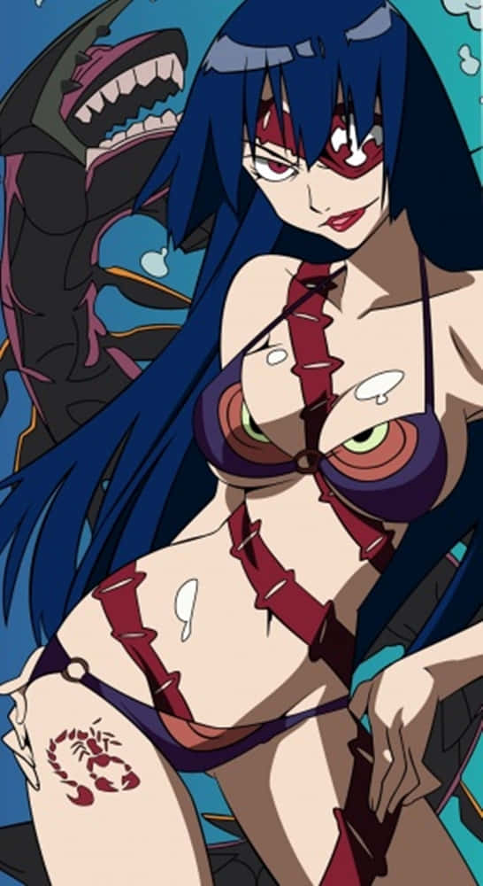 Gurren Lagann Adiane 桌布 壁紙 — 一位藍髮動漫女性穿著紅紫色比堅尼，帶有蠍子紋身，自信地凝視著，身後一頭巨鯊猛撲而來。