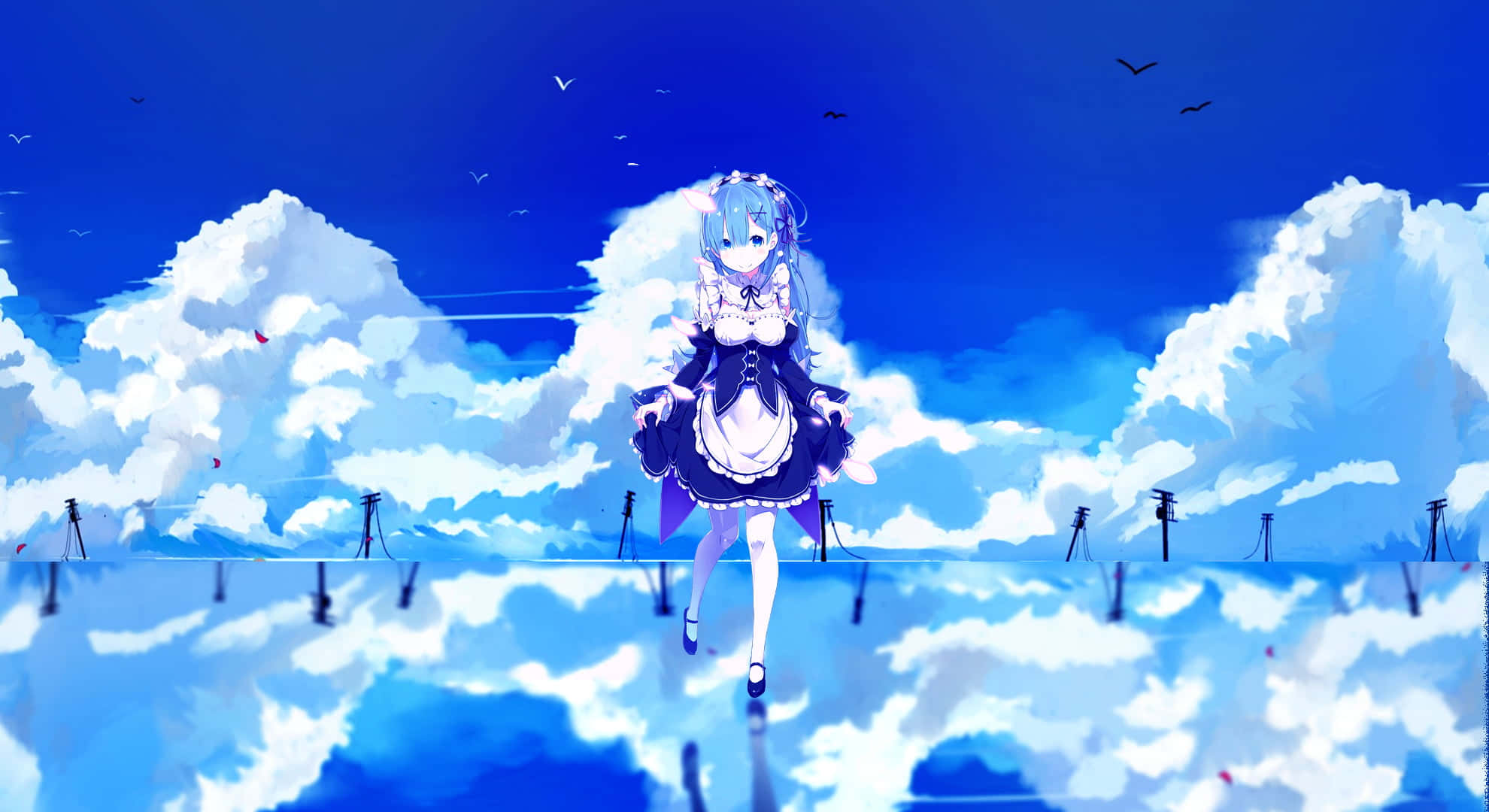 re:從零開始的異世界生活 桌布 壁紙 — 一位藍髮動漫少女穿著女僕裝，站在雲層上方的反射表面上，背景是鳥兒飛翔的鮮豔藍天。
