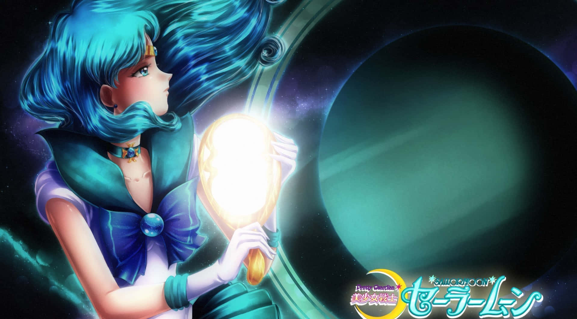 sailor neptune 桌布 壁紙 — 一位藍髮動漫少女穿著青綠色制服，在一個有大型行星的宇宙背景下手持發光球體。