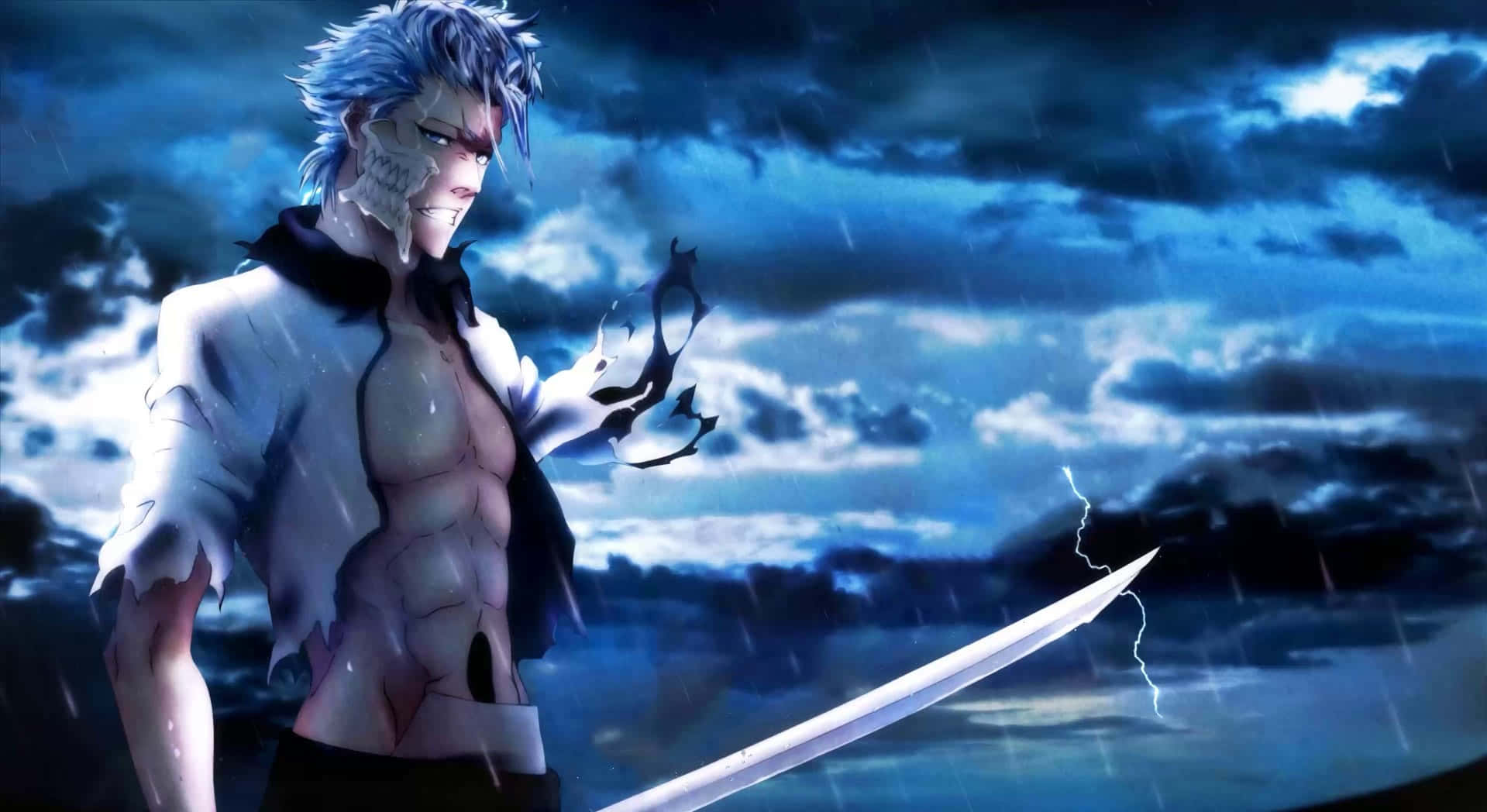 Grimmjow Jaegerjaquez 桌布 壁紙 — 一位藍髮動漫戰士，骷髏臉孔，在雷電交加的暴風雨天空下揮舞著發光的劍。