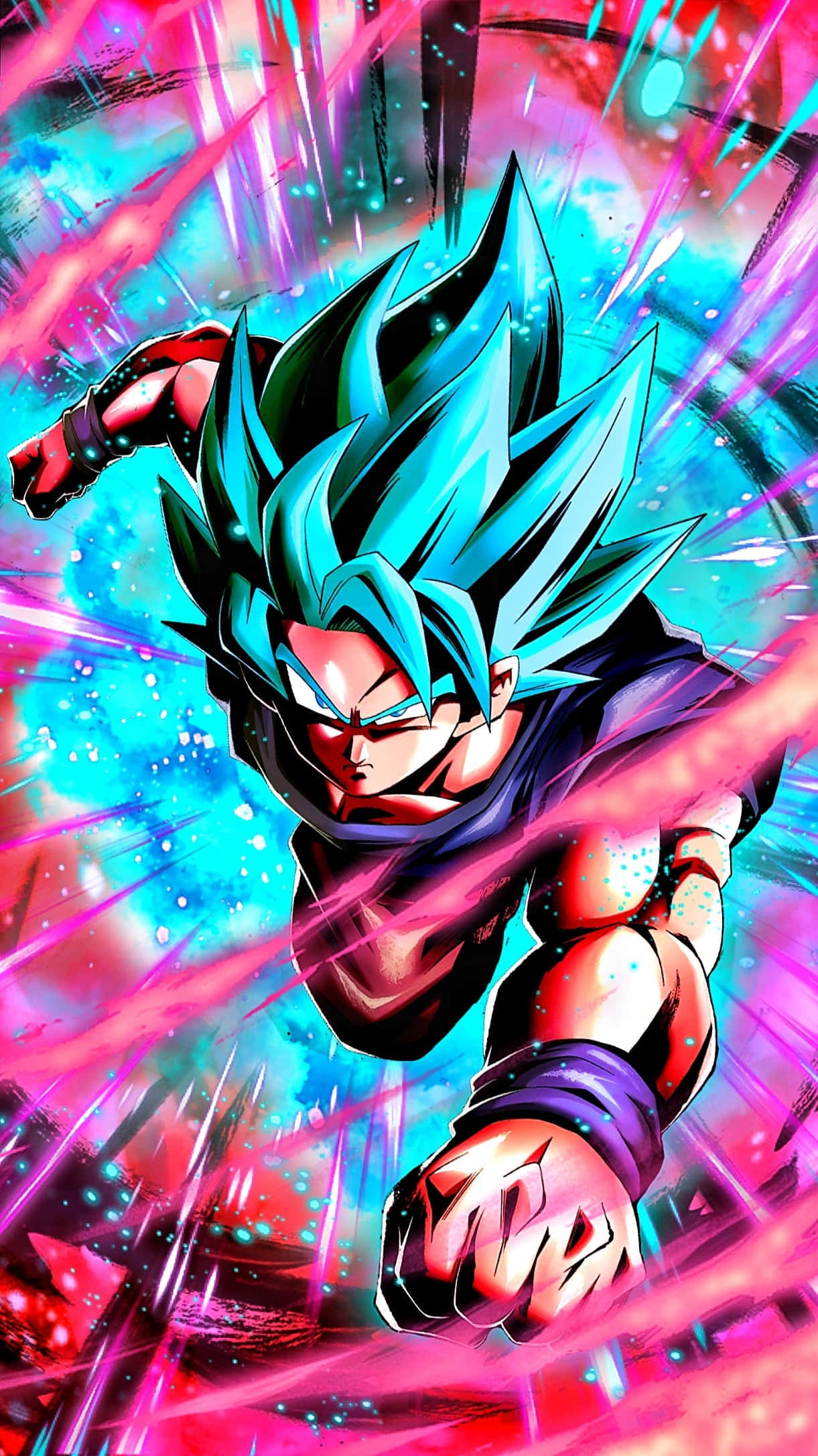 Goku Kaioken 桌布 壁紙 — 一位藍髮動漫戰士以動態姿勢站立，周圍環繞著充滿活力的粉紅色和青色能量條紋。