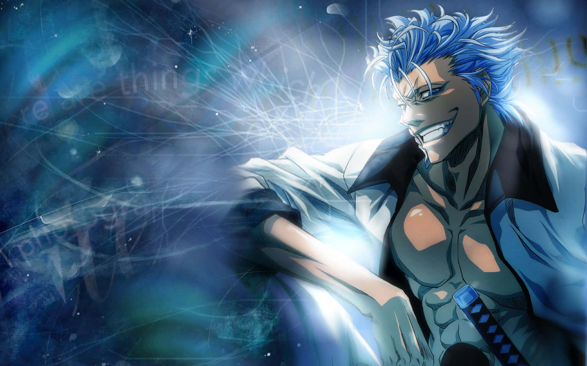 Grimmjow Jaegerjaquez 桌布 壁紙 — 一位藍髮動漫戰士咧嘴大笑，在旋轉的宇宙藍色背景中揮舞著發光的劍。