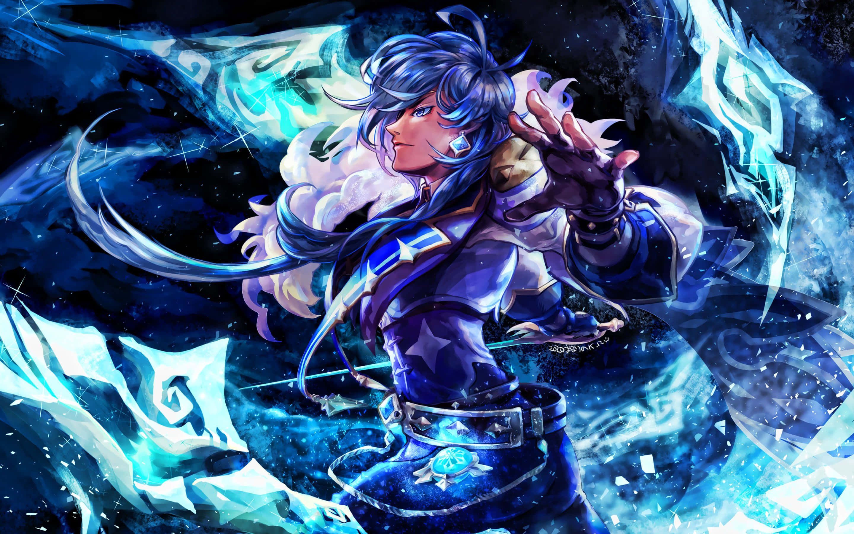 Kaeya 桌布 壁紙 — 一位藍髮動漫戰士在破碎水晶與星光的宇宙風暴中引導發光的冰魔法。
