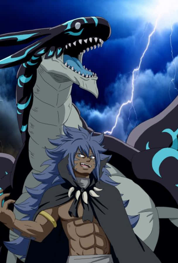 Acnologia 桌布 壁紙 — 一位藍髮動漫戰士在雷電交加的暴風雨天空下，挑釁地站在一條巨龍面前。